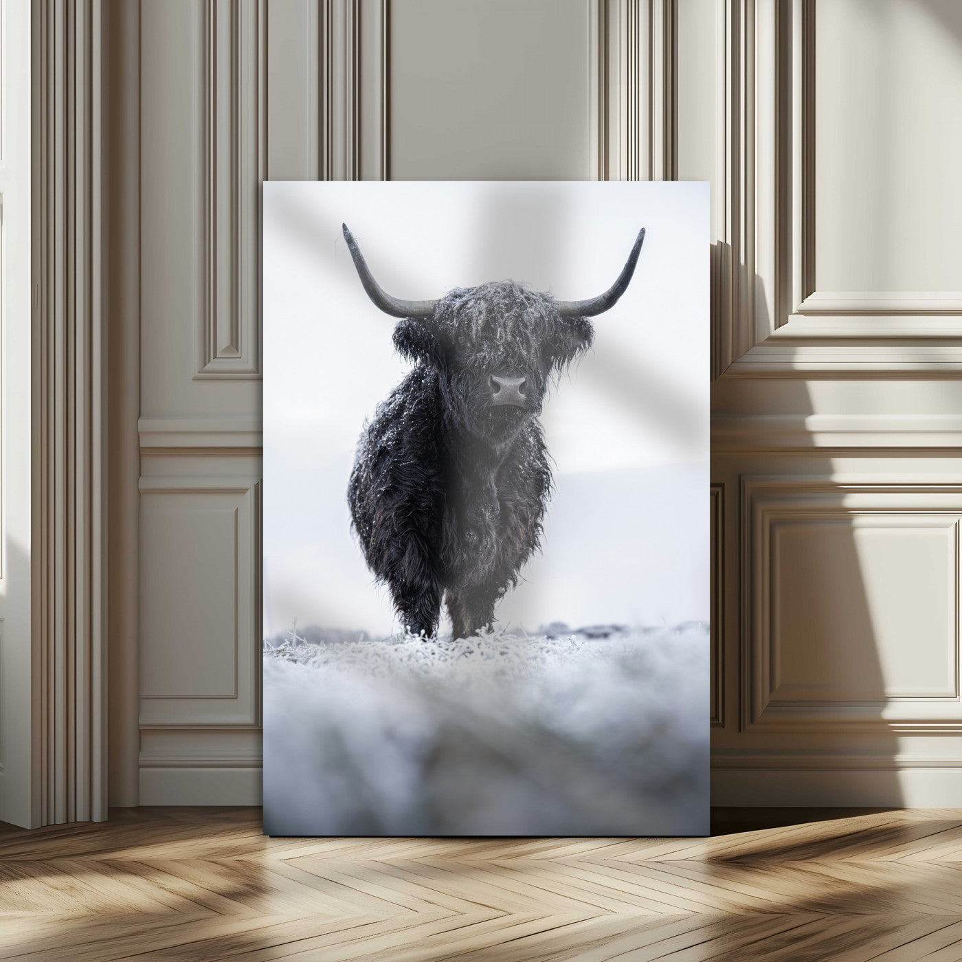 MGV-CV-24X36 - Frosty Black Highland Wall Art Canvas Print, Framed Moody Winter Aesthetic Art Picture Print, Scottish Highlands Perfect Modern Rustic Decor Artwork