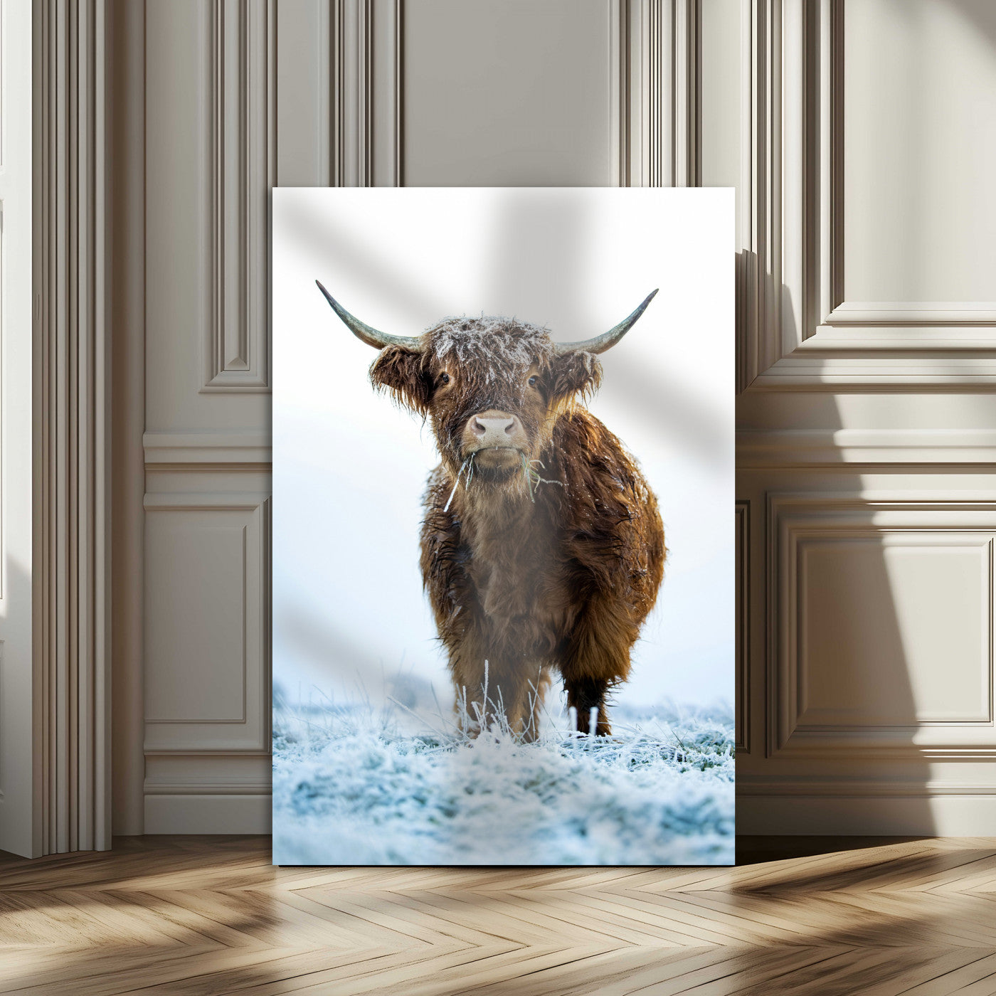 MGV-CV-24X36 - Highland Cow Wall Art Canvas Print, Framed Frosty Grass Art Picture Print, Winter Scene Perfect Rustic Farmhouse Decor Artwork