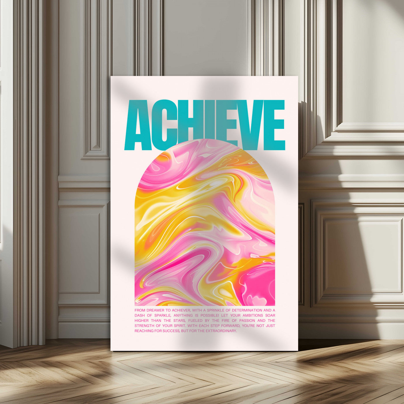 MGV-CV-24X36 - Achieve Motivational Poster Canvas Wall Art – Inspirational Abstract Pink & Yellow Swirls, Positive Quote Decor for Office, Home