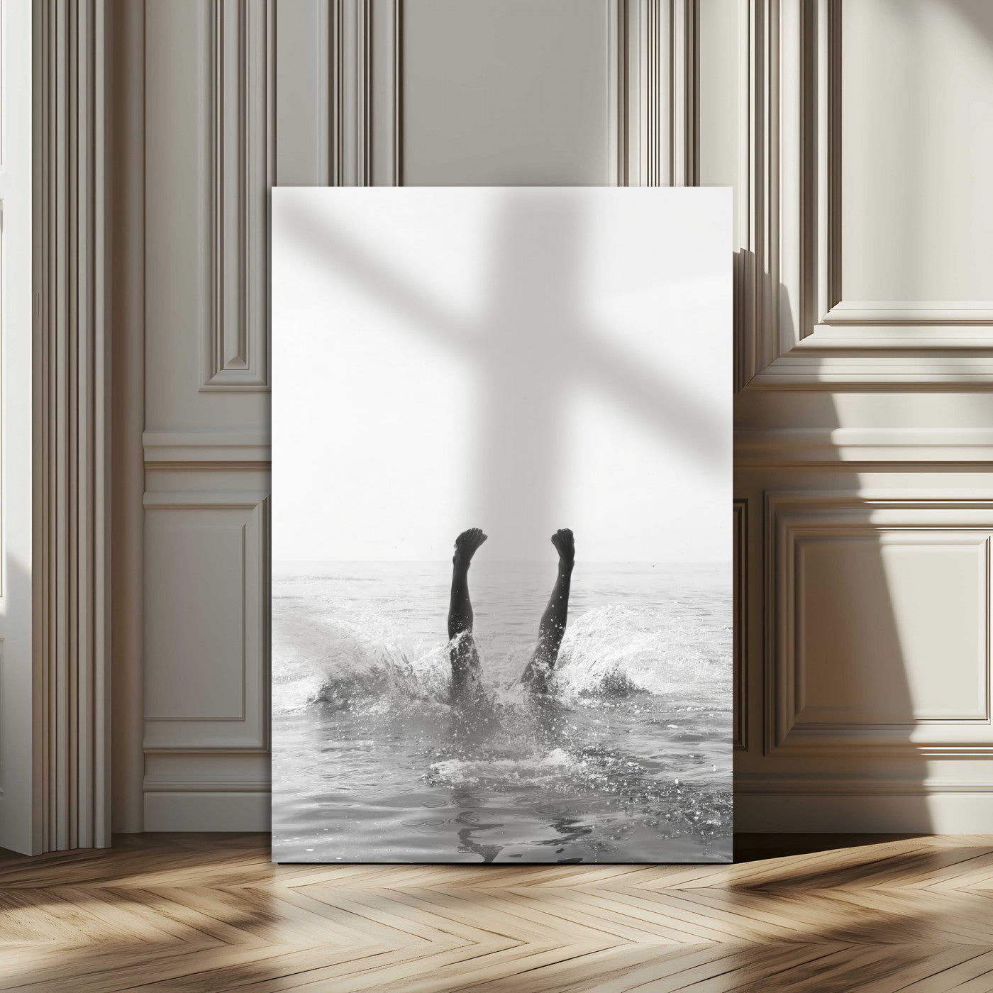 MGV-CV-24X36 - Black and White Splash Canvas Wall Art – Artistic Water Dive Photography, Minimalist Ocean Splash