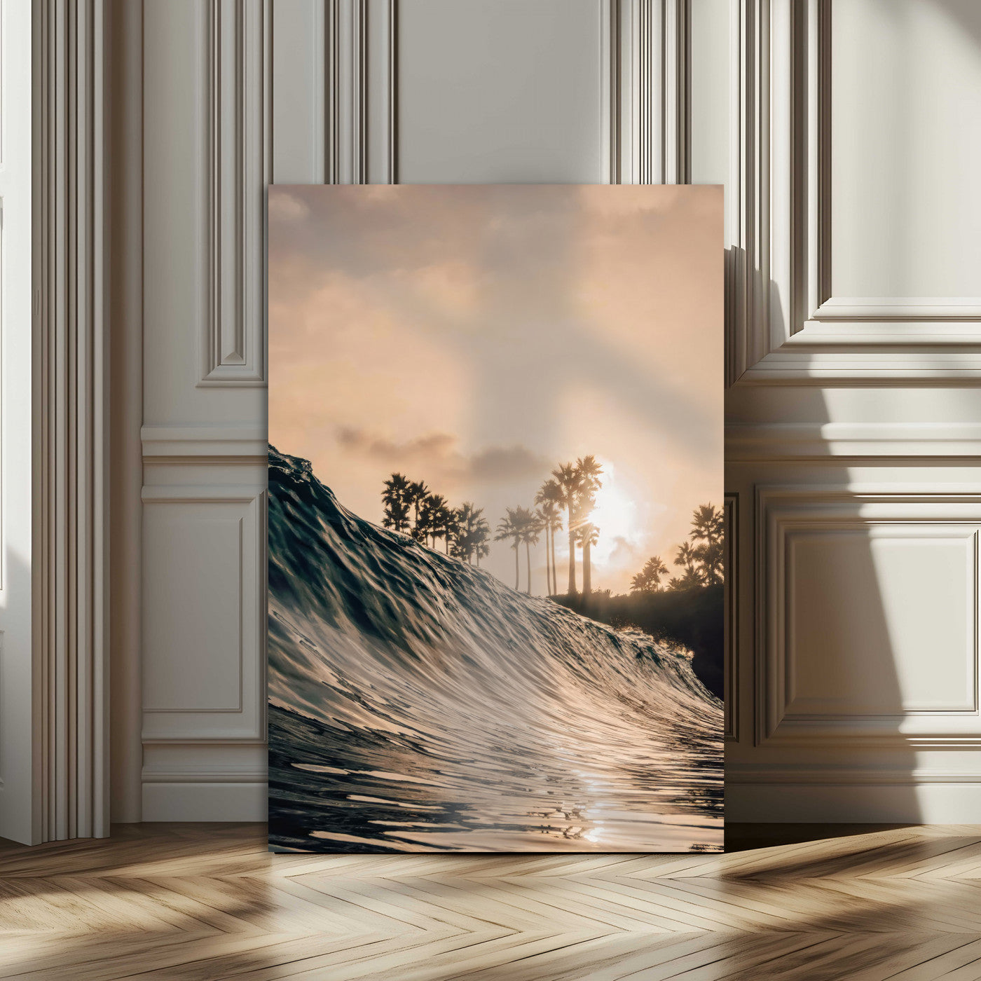 MGV-CV-24X36 - Sunset Wave Ocean Canvas Wall Art – Coastal Palm Trees, Surfing Beach Landscape, Large Tropical
