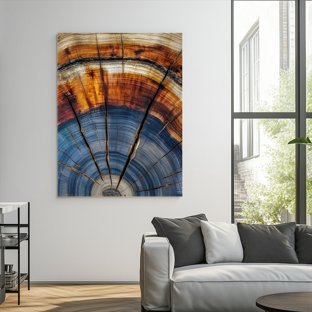 Tree Rings Wall Art Canvas Print, Framed Wood Texture Art Picture Print, Blue Grain Perfect Rustic Modern Decor Artwork