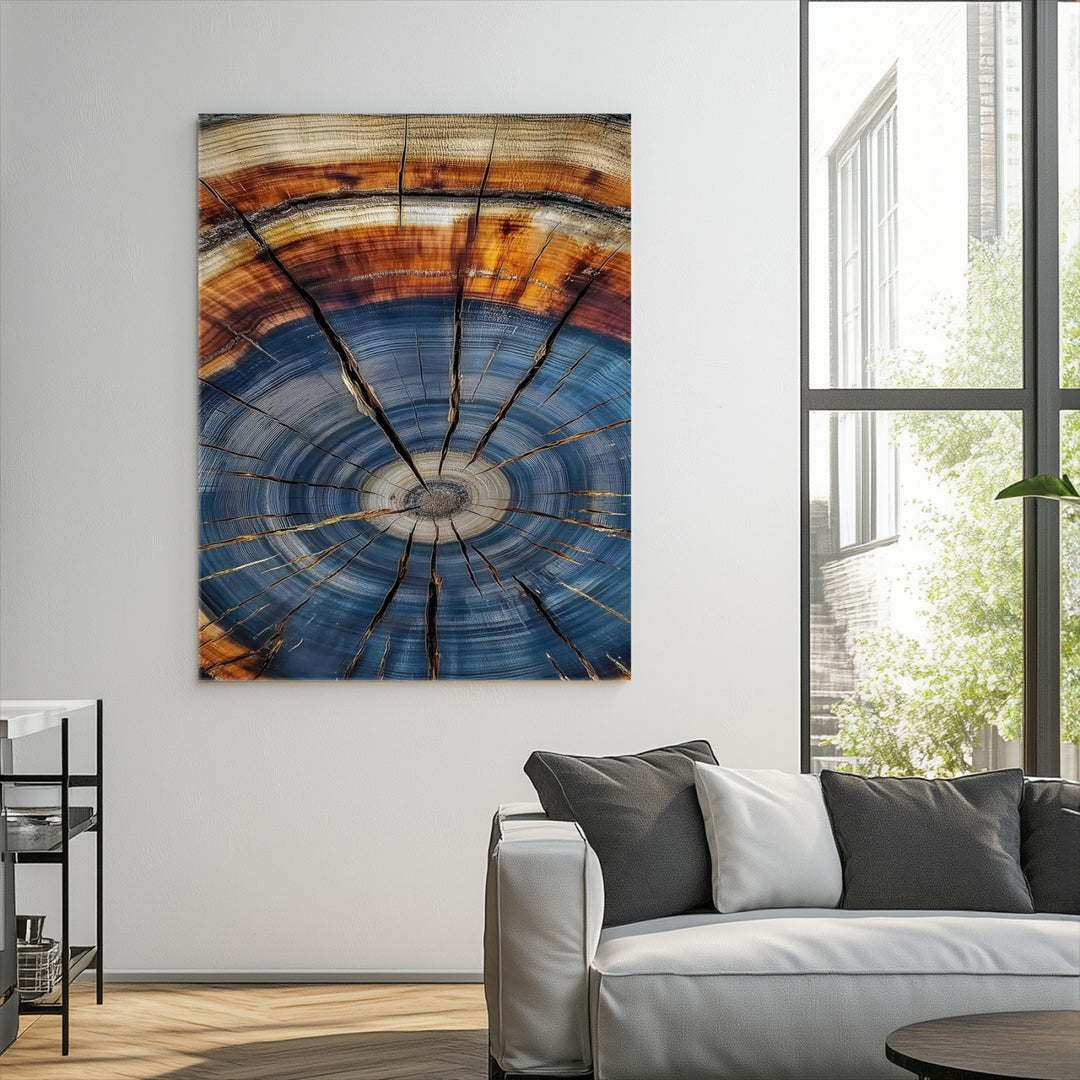 Tree Rings Wall Art Canvas Print, Framed Wood Texture Art Picture Print, Blue Grain Perfect Rustic Modern Decor Artwork, Wood Texture Wall Art Canvas