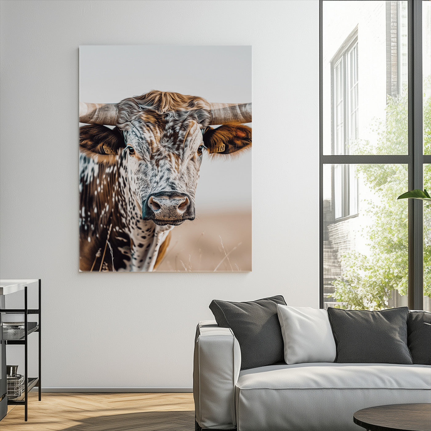 Texas Longhorn Wall Art Canvas Print, Framed Speckled Cow Art Picture Print, Horned Bull Perfect Rustic Western Decor, Texas Longhorn Canvas