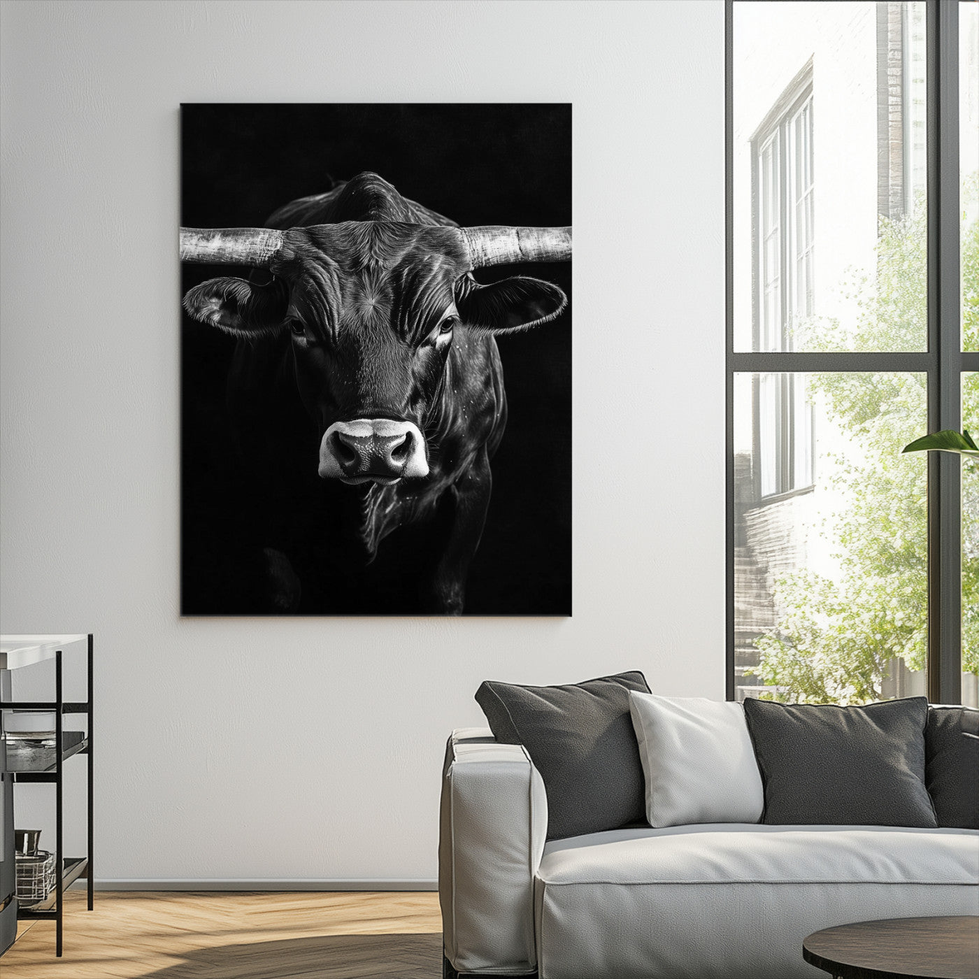 Texas Longhorn Wall Art Canvas Print, Framed Monochrome Bull Art Picture Print, Texas Bull Wall Art Canvas Print
