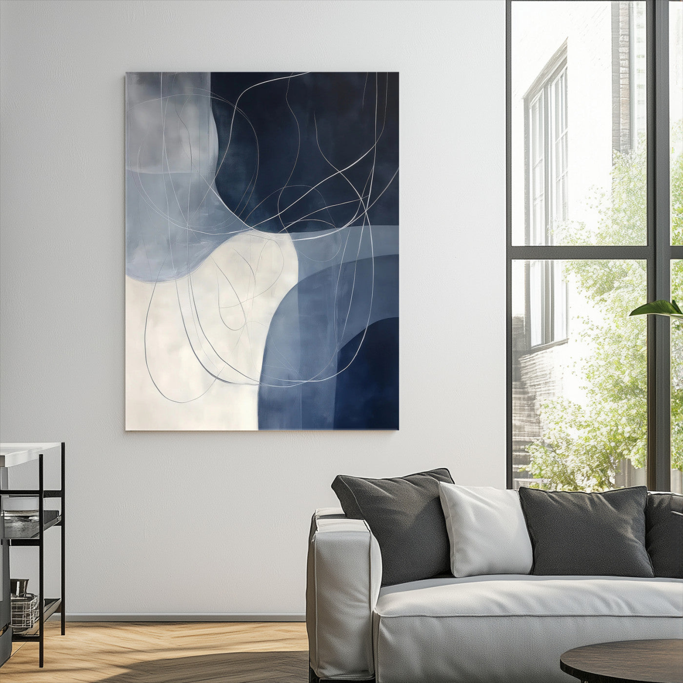 Navy Abstract Wall Art Canvas Print, Framed Minimal Lineart Art Picture Print, Abstract Shapes Perfect Minimalist Abstract Decor Artwork