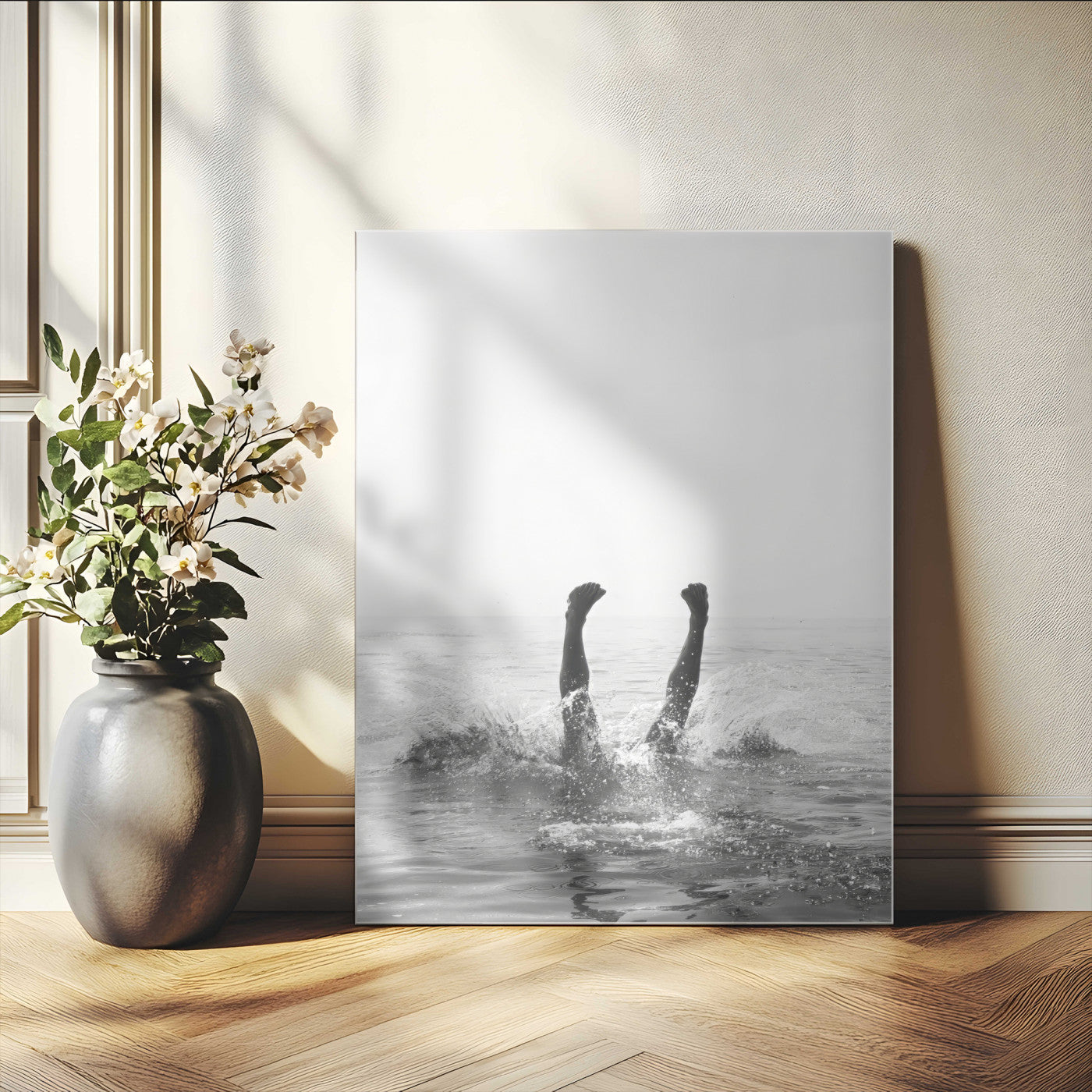MGV-CV-24X36 - Minimal Ocean Wall Art Canvas Print, Framed Monochrome Diving Art Picture Print, Swimmer in Sea Perfect Minimalist Coastal Decor Artwork