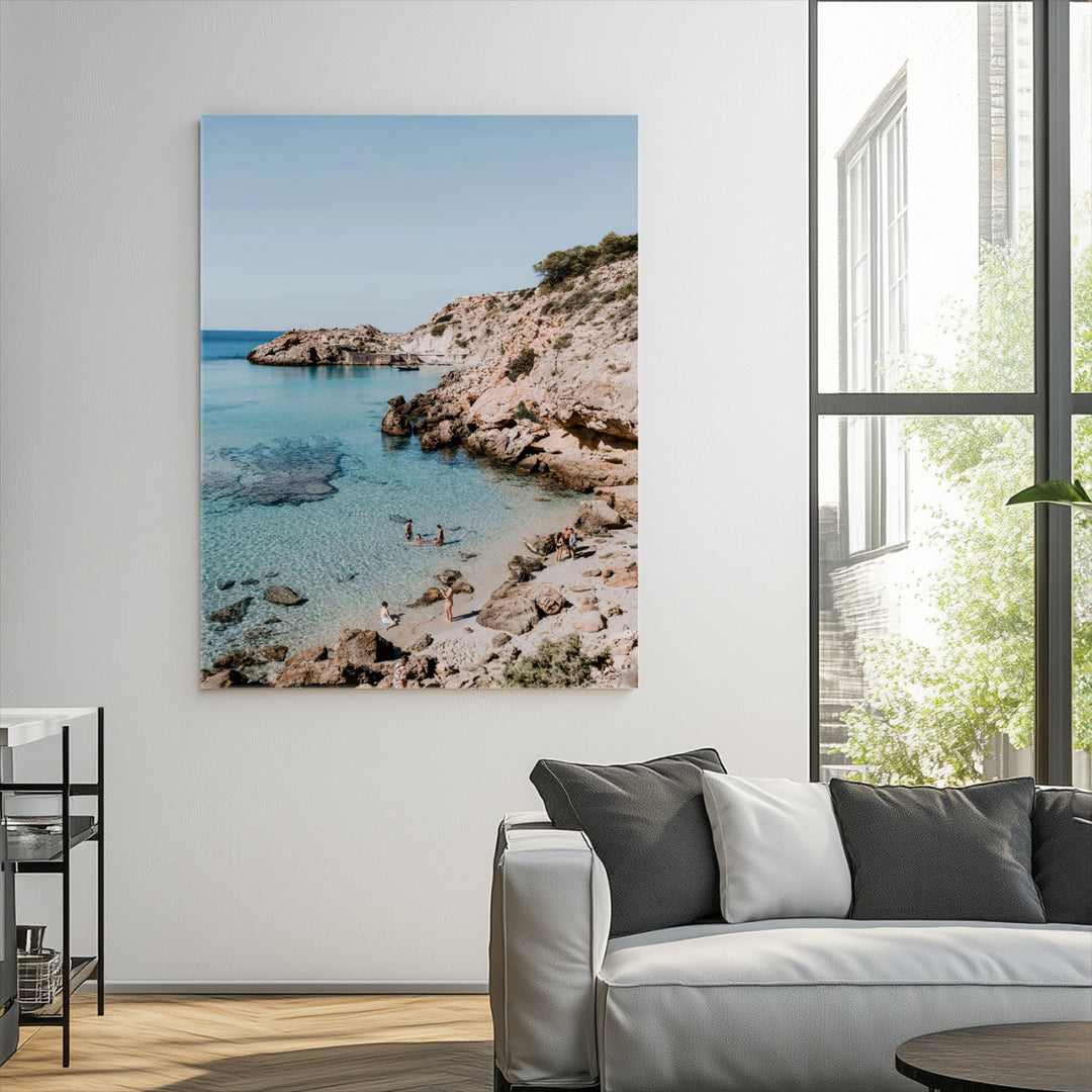 Turquoise Cove Wall Art Canvas Print, Ibiza Beach Print, Framed Mediterranean Shore Art Print, Large Clear Shoreline Printing Boho