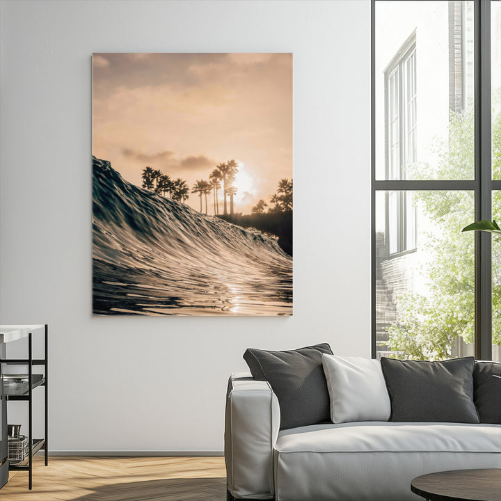 Golden Hour Ocean Wall Art Canvas Print, Tropical Beach Sunset Print, Framed Palm Tree Silhouettes Art Print, Large Warm Coastal