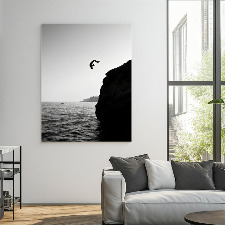 Cliff Jumping Wall Art Canvas Print, Black White Ocean Print, Framed Monochrome Cliff Dive Art Print, Large Coast Dive Printing,