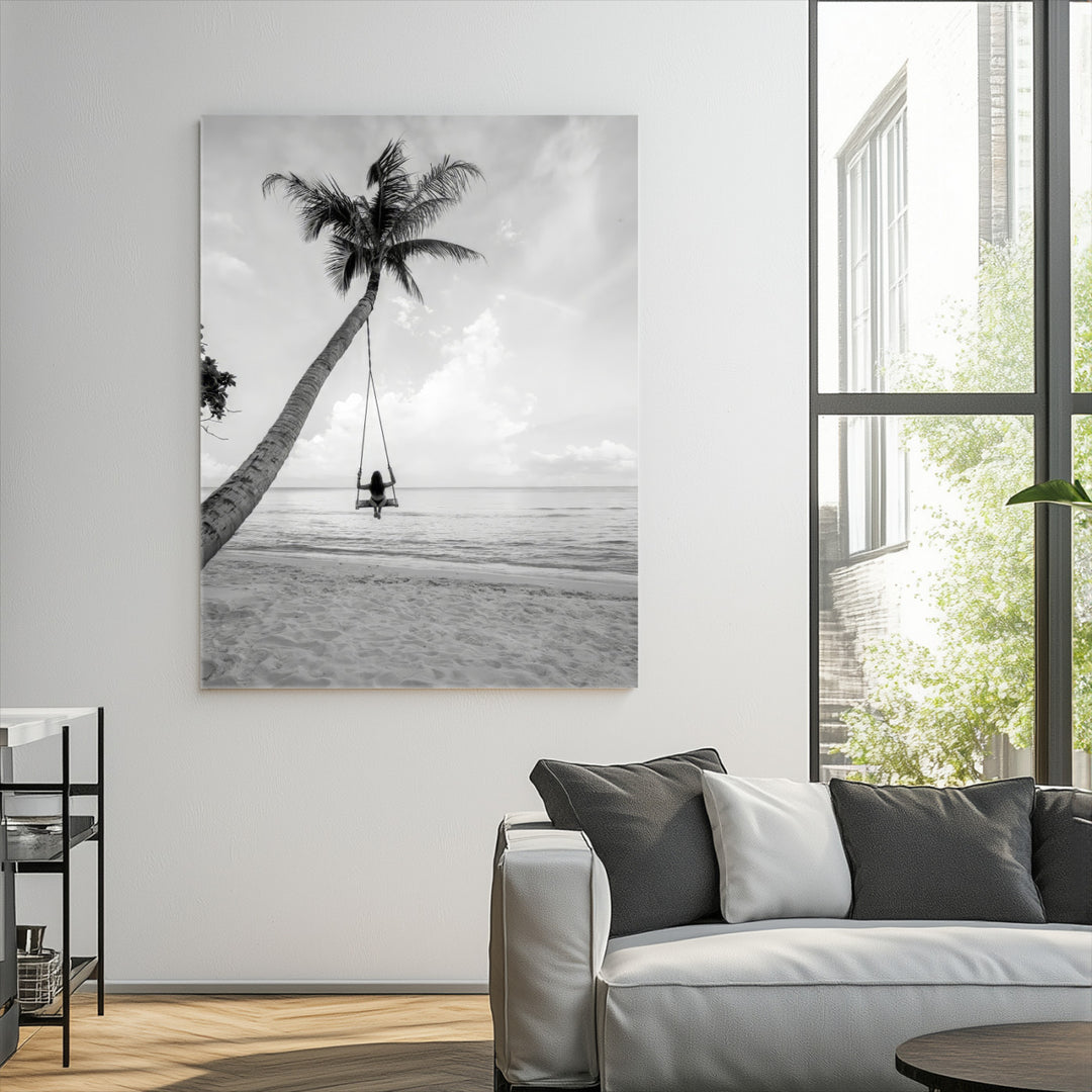 Black White Palm Tree Wall Art Canvas Print, Minimalist Beach Swing Print, Framed Monochrome Coastal Art Print, Large Tropical Ocean