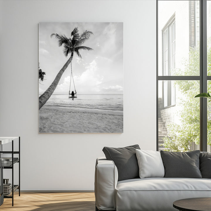 Black White Palm Tree Wall Art Canvas Print, Minimalist Beach Swing Print, Framed Monochrome Coastal Art Print, Large Tropical Ocean
