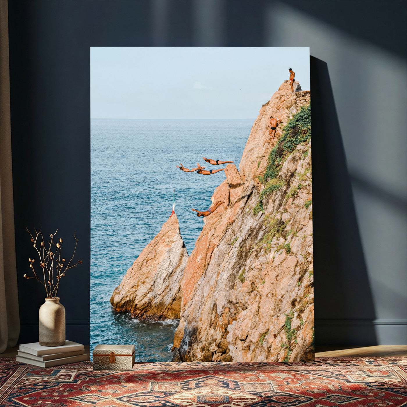 74527880-MGV-CV-24X36 - Cliff Dive Wall Art – Ocean Jump Canvas Print, Blue Sky Adventure, Waves & Rocks for Living Room or Extreme Sports Decor