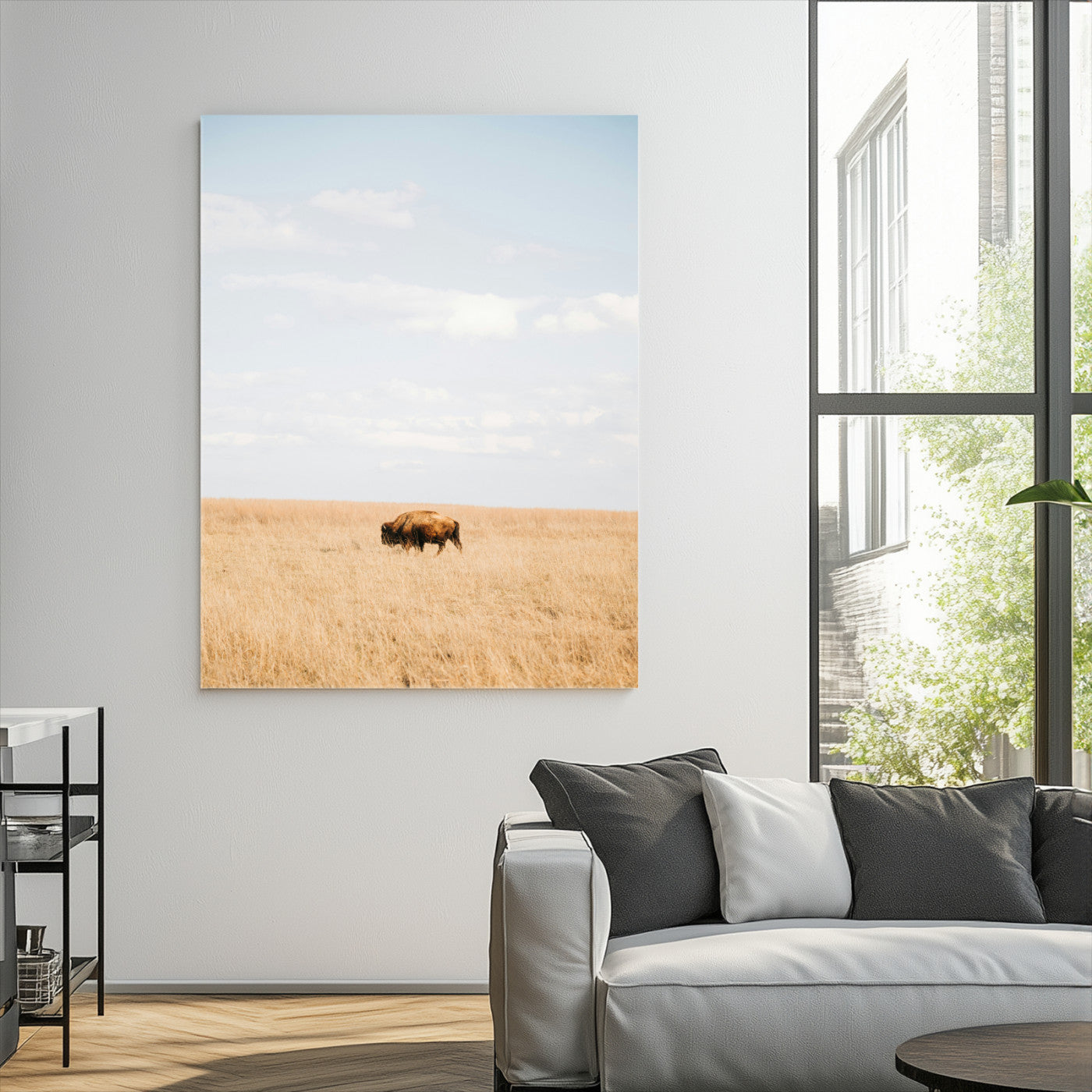 Minimalist Nature Wall Art Canvas Print, Framed Bison In Grassland Art Print, Open Field Perfect Modern Ranch Decor Decor Artwork