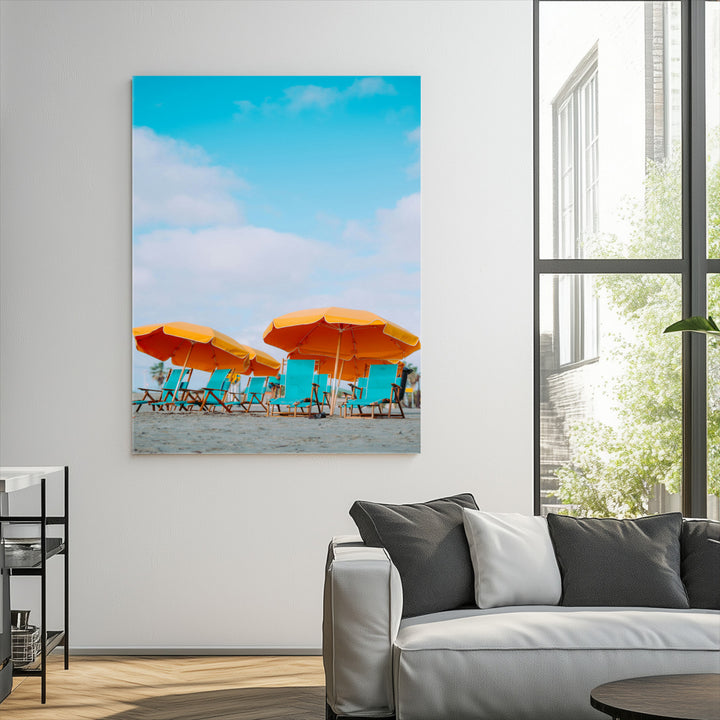 Beach Umbrellas Wall Art Canvas Print, Framed Coastal Vibes Art Picture Print, Tropical Paradise Perfect Coastal Boho Decor Artwork