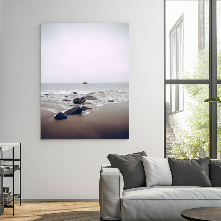 Moody Seascape Wall Art Canvas Print, Framed Neutral Beach Art Picture Print, Foggy Ocean Perfect Minimalist Decor Artwork