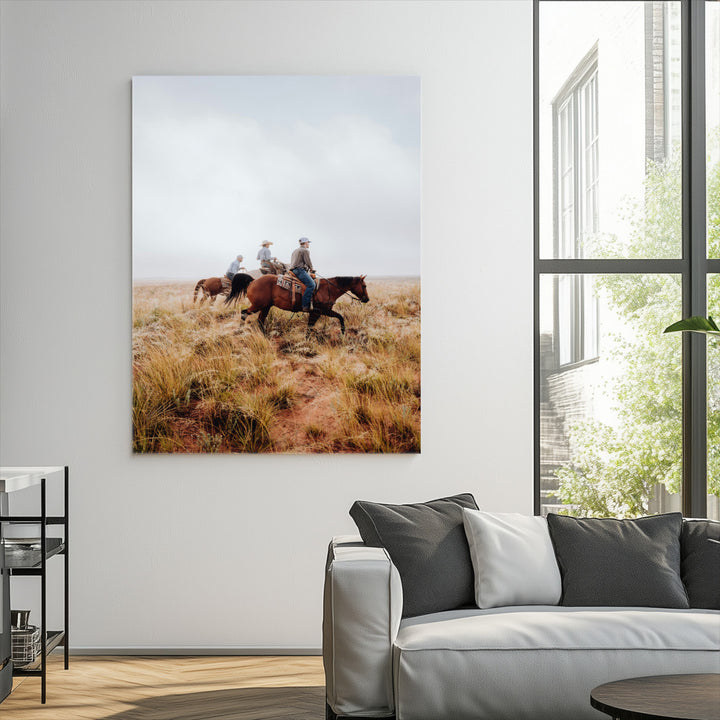 Golden Grassland Wall Art Canvas Print, Framed Western Frontier Mood Art Picture Print, Open Range Riders Perfect Rustic Western Decor