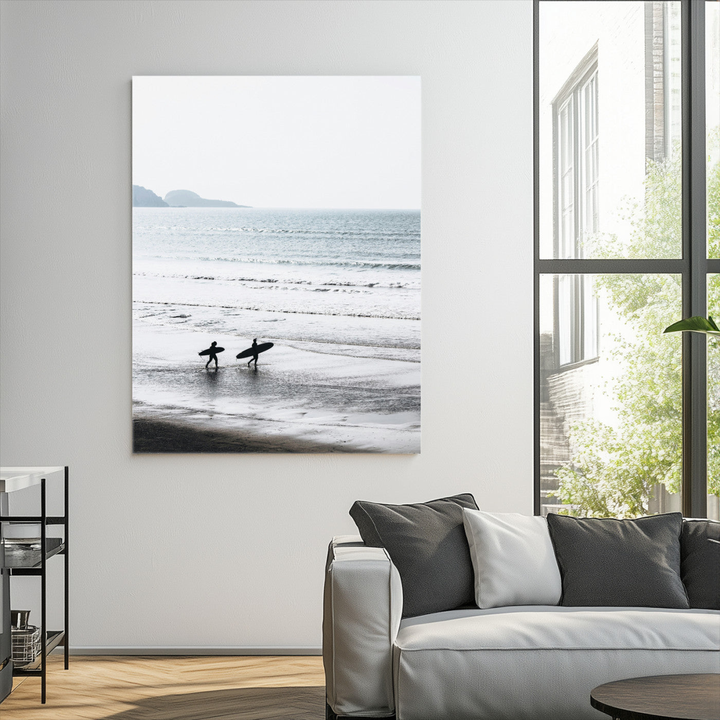 Surfer Silhouettes Wall Art Canvas Print, Framed Minimalist Ocean Art Picture Print