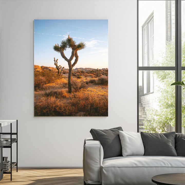 Framed Joshua Tree Print, Golden Hour Desert Print, Framed Sunset Glow Art Print, Large Arid Terrain Printing Southwestern