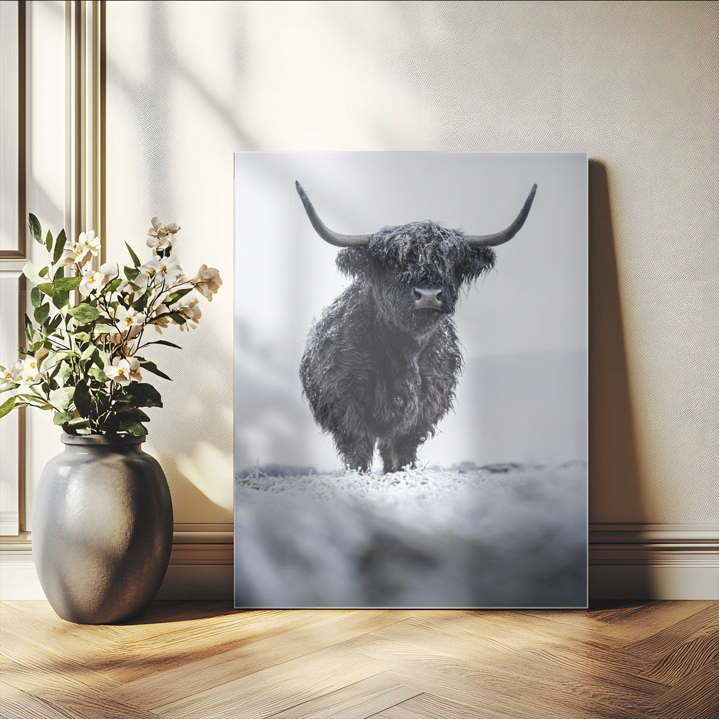 MGV-CV-24X36 - Frosty Black Highland Wall Art Canvas Print, Framed Moody Winter Aesthetic Art Picture Print, Scottish Highlands Perfect Modern Rustic Decor Artwork