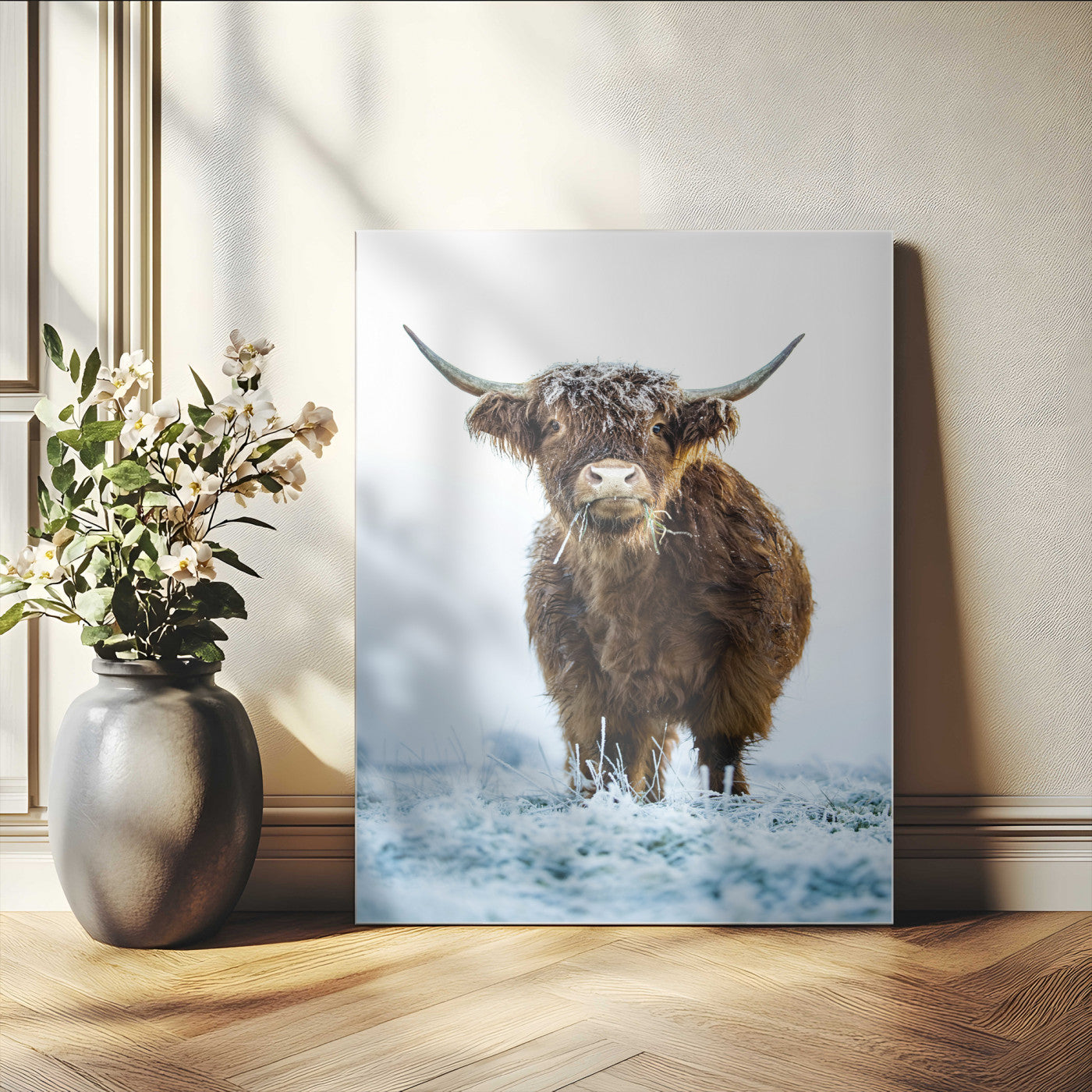 MGV-CV-24X36 - Highland Cow Wall Art Canvas Print, Framed Frosty Grass Art Picture Print, Winter Scene Perfect Rustic Farmhouse Decor Artwork