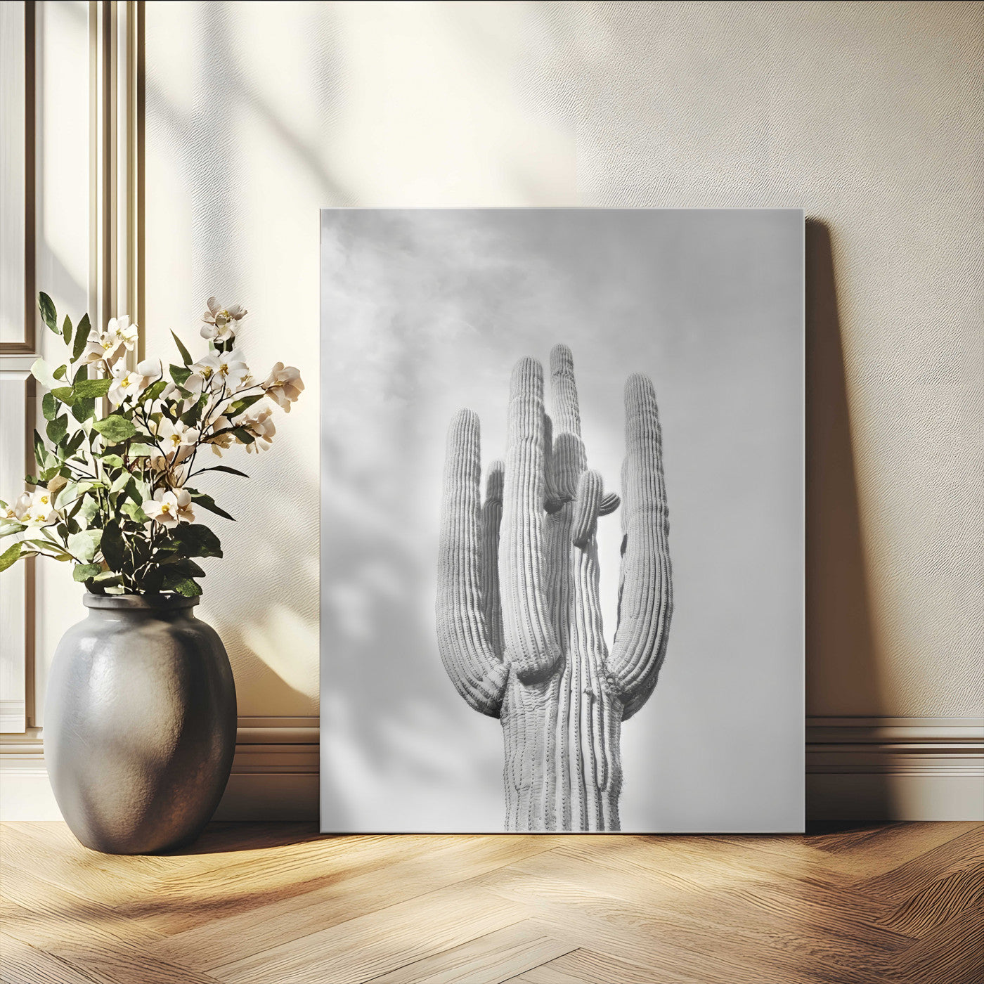 MGV-CV-24X36 - Saguaro Cactus Wall Art – Black and White Desert Landscape Canvas Print, Modern Minimalist Nature Decor for Home, Office, Living Room