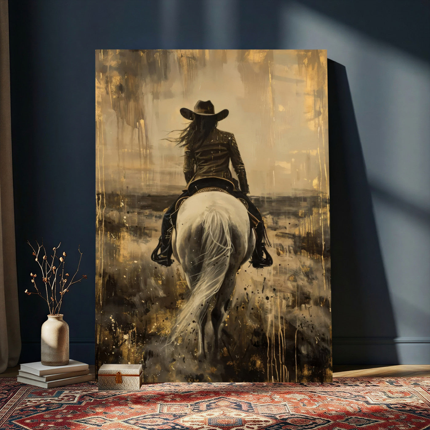 38521408-MGV-CV-24X36 - Cowgirl on Horse Wall Art Canvas Print – Western Equestrian Artwork for Farmhouse, Ranch, and Cabin Decor