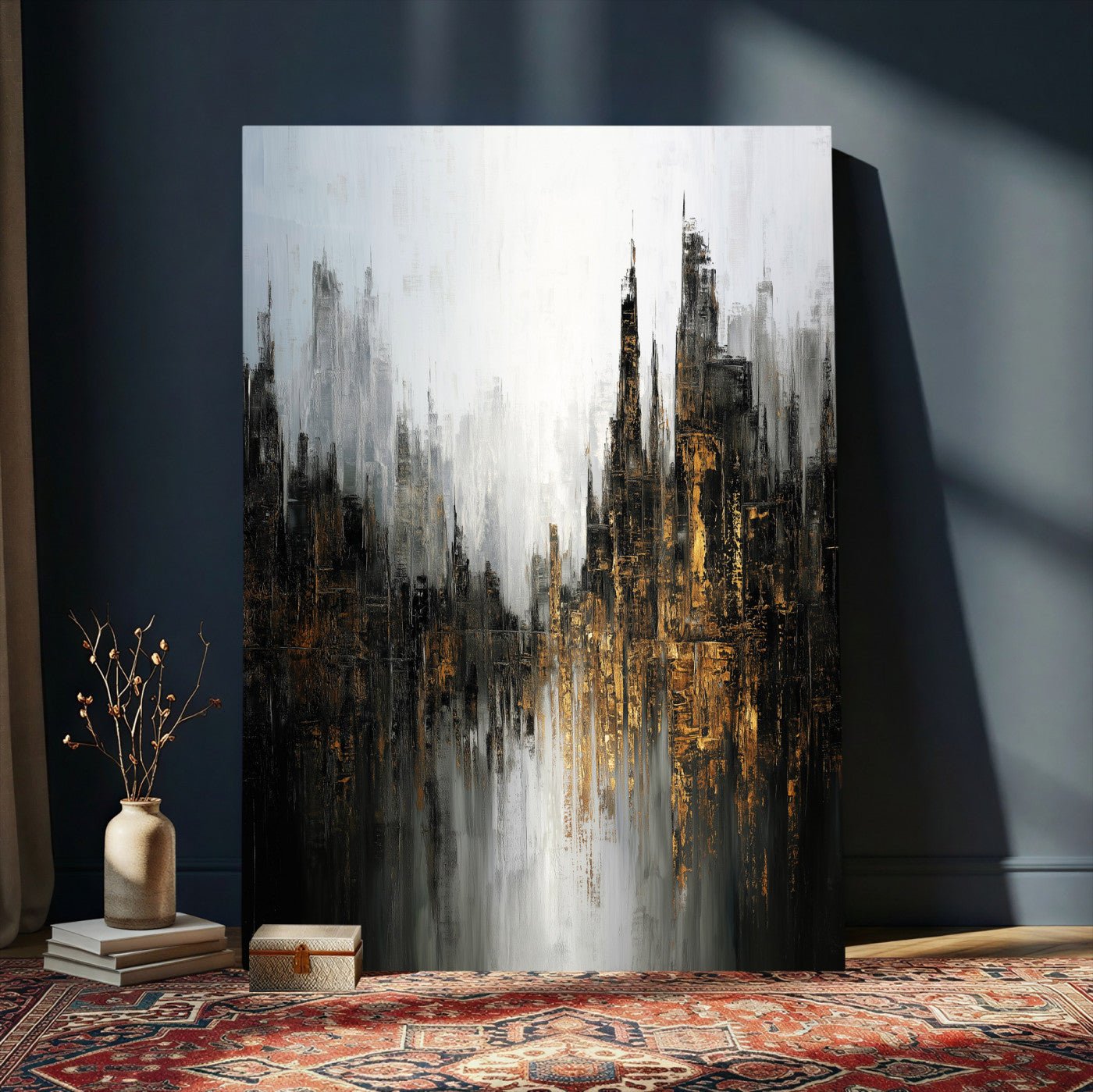 39629486-MGV-CV-24X36 - Abstract Urban Reflection Wall Art Canvas Print, Gold Black Modern Architecture Canvas Print, Contemporary Moody City Artwork for Living Room Decor