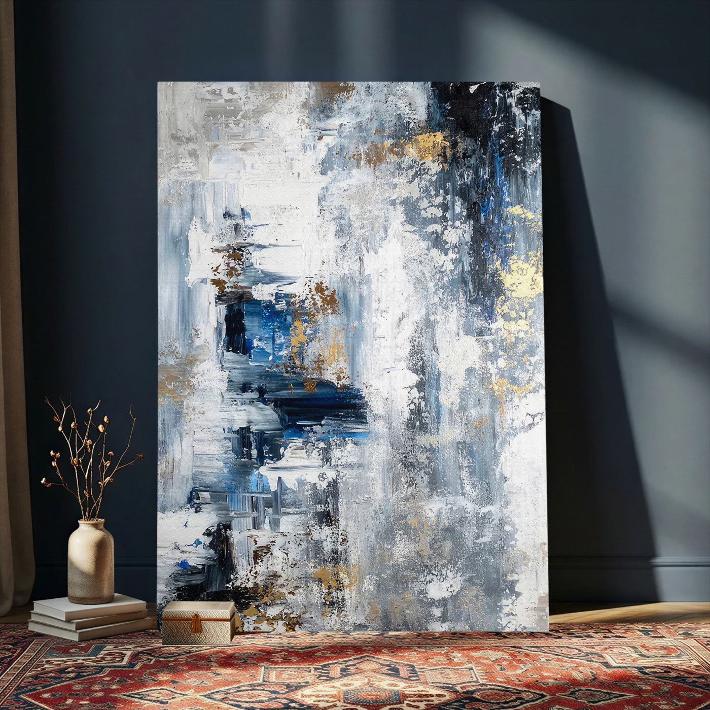 3962948988-MGV-CV-24X36 - Blue Abstract Wall Art Canvas Print, Gold Black Modern Architecture Canvas Print, Contemporary Moody City Artwork for Living Room Decor