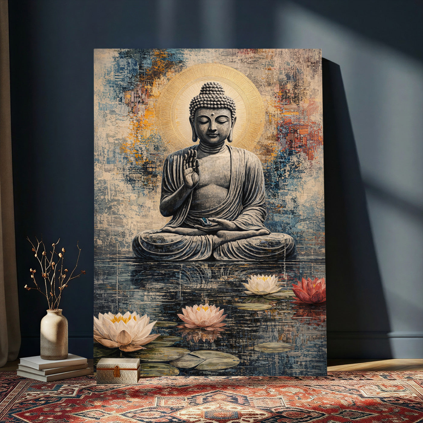3812625445543-MGV-CV-24X36 - Serene Buddha with Lotus Flowers | Tranquil Meditation Art | Zen Wall Decor for Mindful Living Spaces | Spiritual Canvas Print