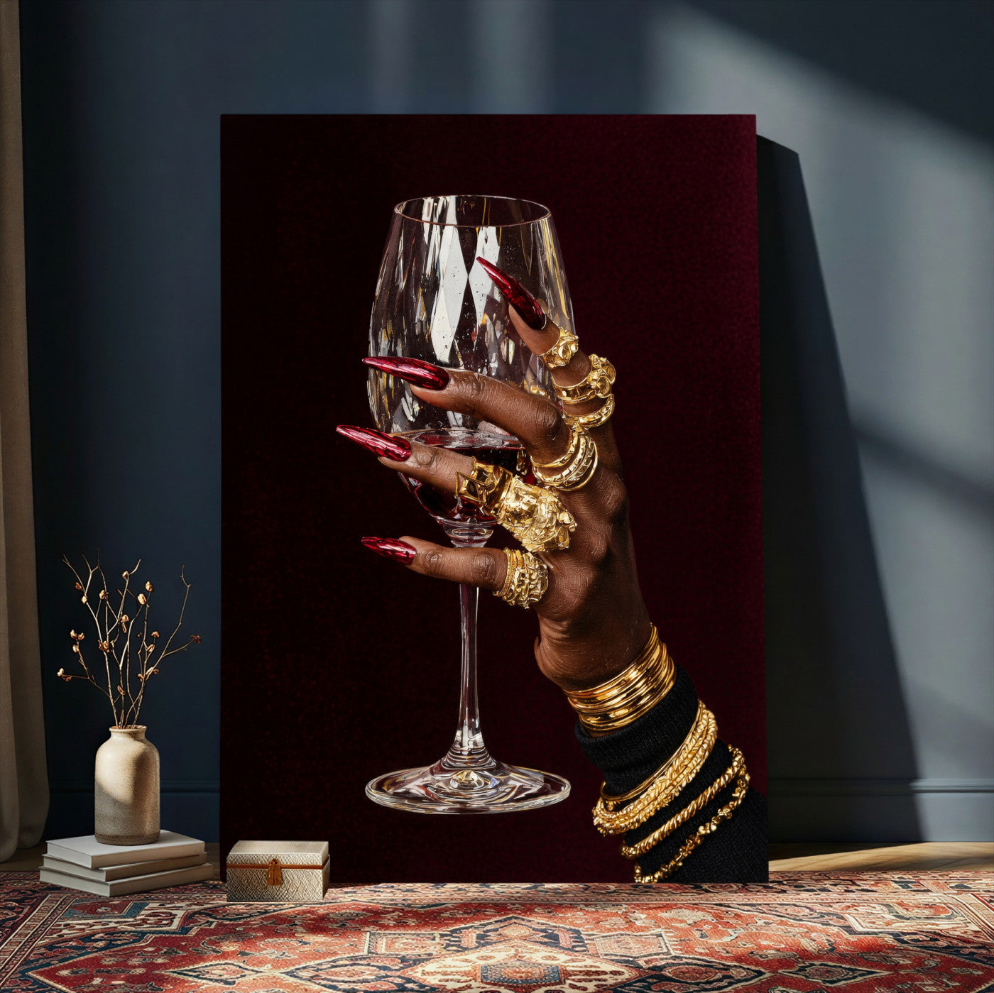 8151788Y6-MGV-CV-24X36 - Black Woman Holding Elegant Wine Glass Art, Black Girl Art, Black Woman Art, Trendy Black Girl Wall Art