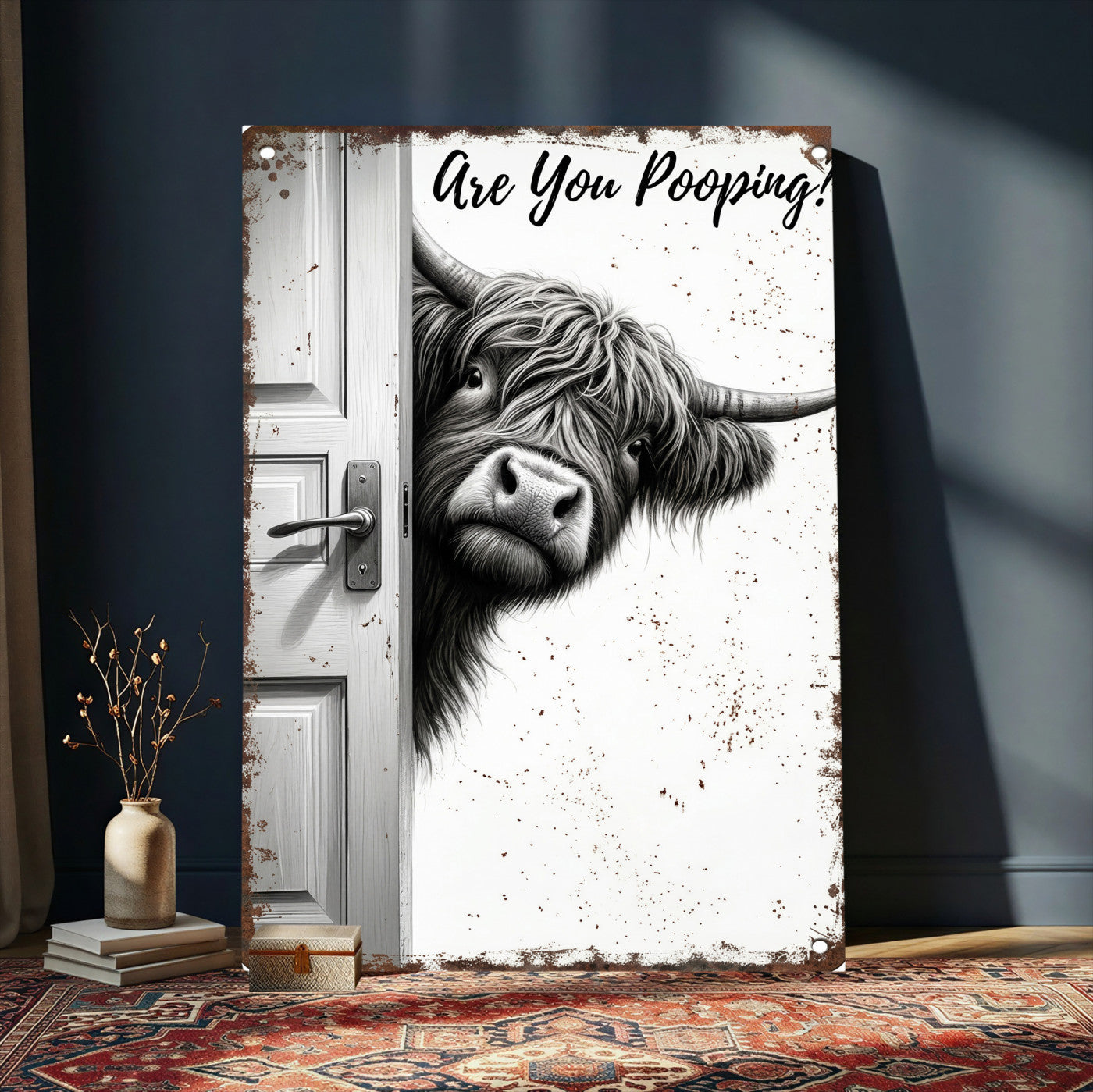 8151788G6-MGV-CV-24X36 - Funny Highland Cow Bathroom Wall Art Canvas Print, Are You Pooping Cow Sign, Rustic Farmhouse Bathroom Decor