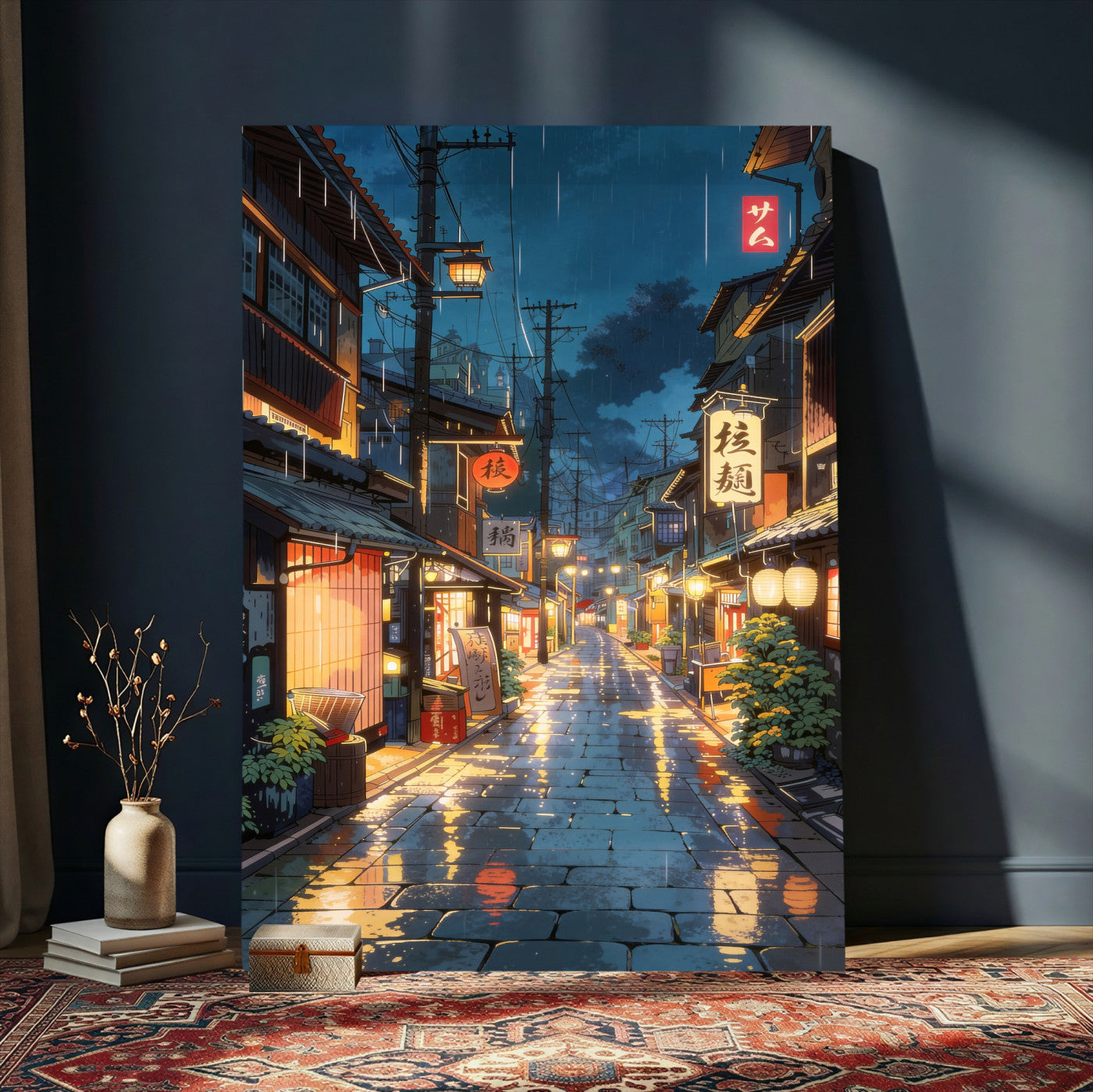 4712069J1-MGV-CV-24X36 - Tokyo Tea House Canvas Wall Art — Japan Rainy Night Street Print | Anime Style Decor | Japanese Tea House Art | Tokyo City Gift