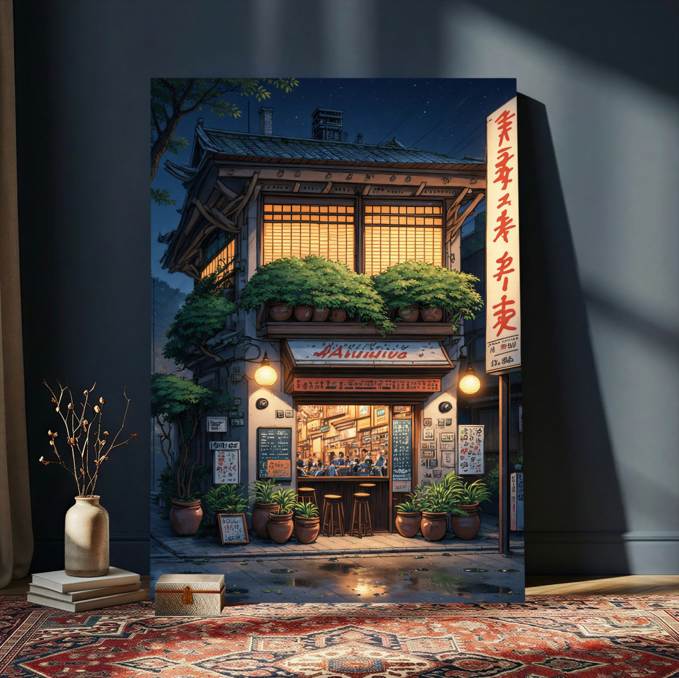 4712069TE1-MGV-CV-24X36 - Evening at the Ramen Shop Canvas Wall Art — Japan Night Anime Print | Japanese Restaurant Decor | Lofi Wall Art | Ramen Lover Gift