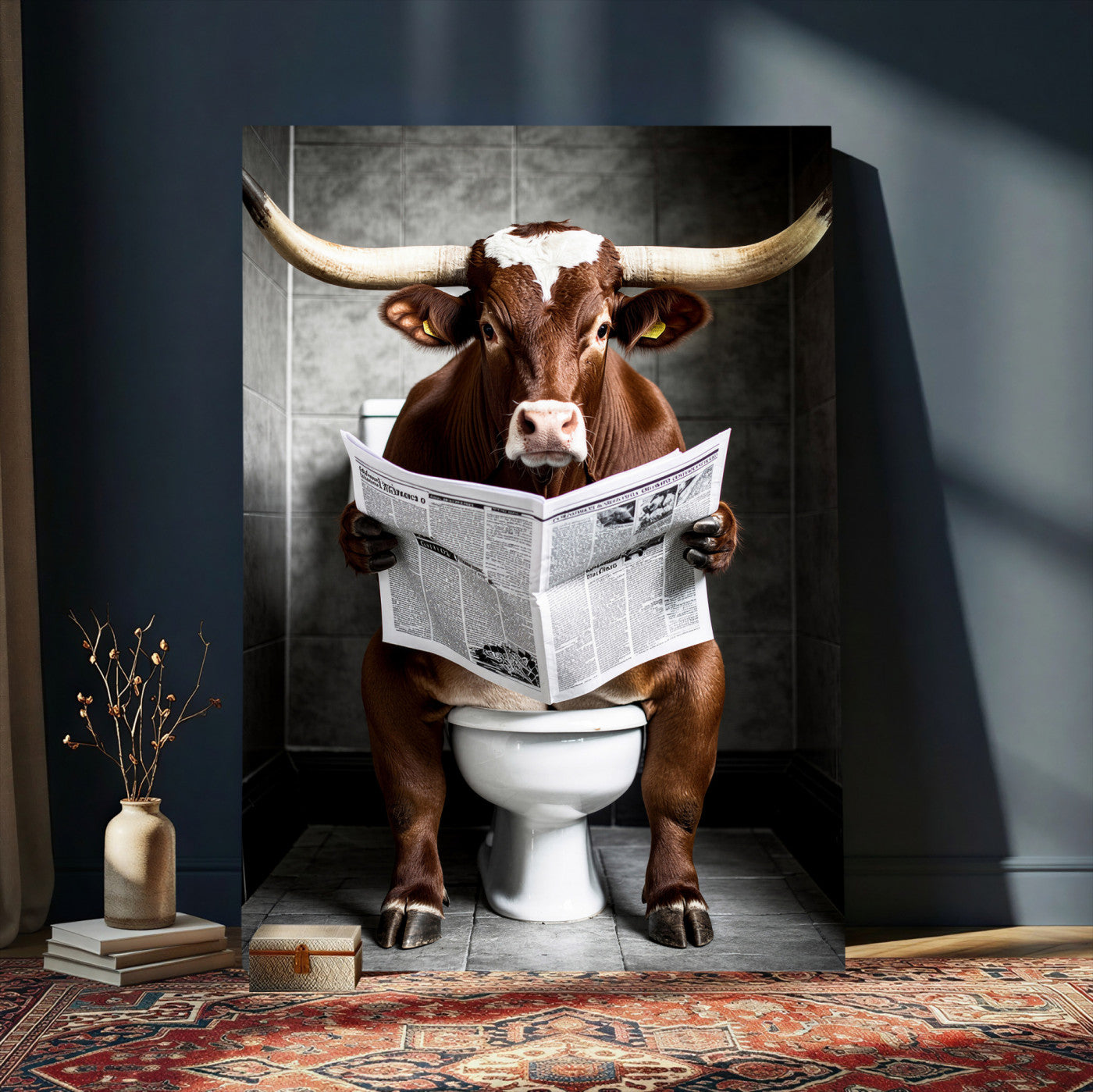 69808726-MGV-CV-24X36 - Texas Longhorn Cow Toilet Paper Canvas Wall Art, Funny Bathroom Black White Print, Cute Animal Humor Decor, Quirky Farmhouse Bathroom Art, Cow Lover Gift