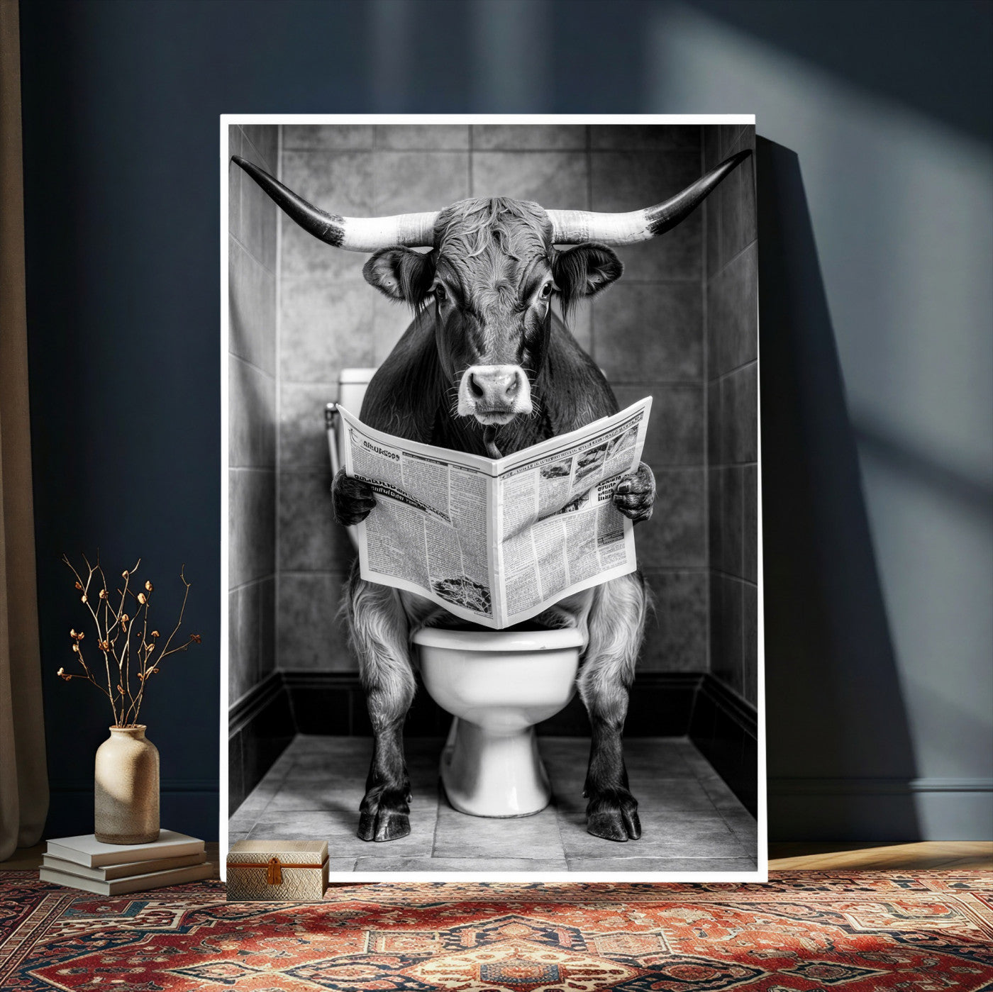 77994492-MGV-CV-24X36 - Texas Longhorn Cow Toilet Paper Canvas Wall Art, Funny Bathroom Black White Print, Cute Animal Humor Decor, Quirky Farmhouse Bathroom Art, Cow Lover Gift