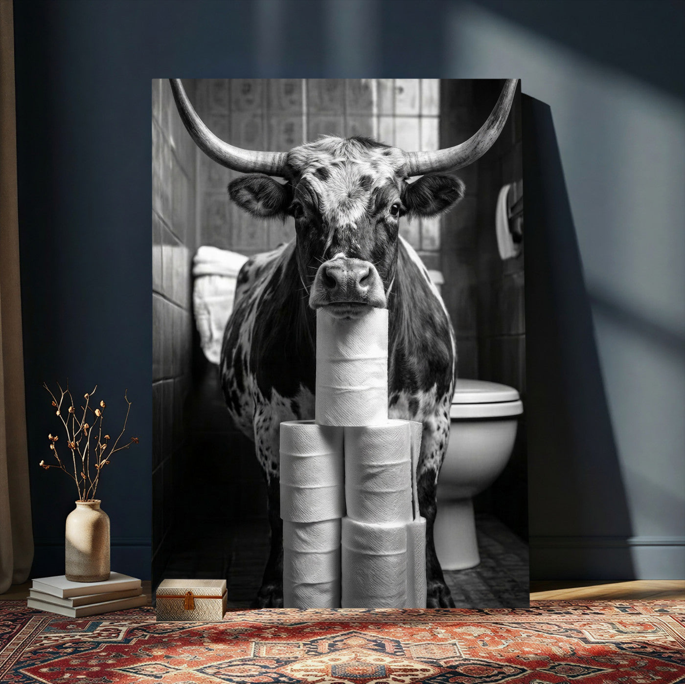 79259956-MGV-CV-24X36 - Texas Longhorn Cow Toilet Paper Canvas Wall Art, Funny Bathroom Black White Print, Cute Animal Humor Decor, Quirky Farmhouse Bathroom Art, Cow Lover Gift