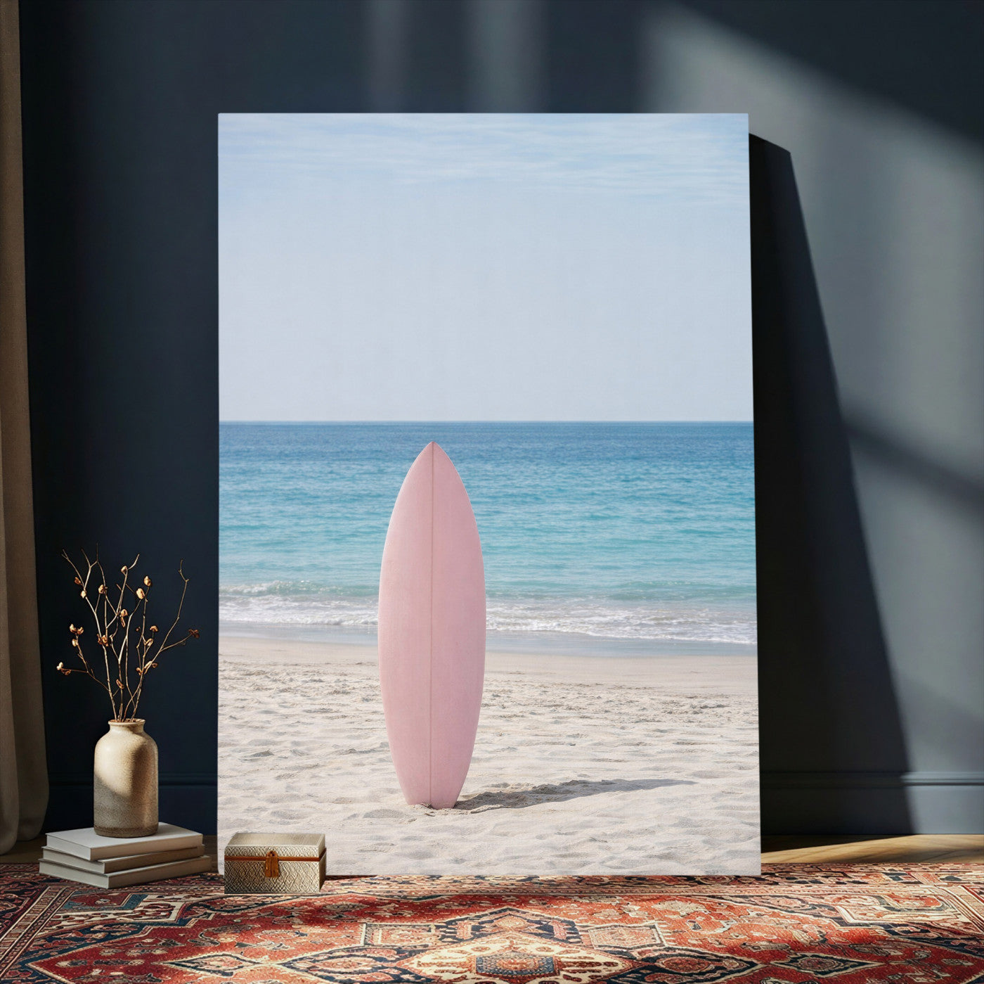 17265103-MGV-CV-24X36 - Pink Surfboard Canvas Wall Art, Minimalist Beach Photography Print, Pastel Ocean Coastal Decor, Girl Beach Room Art, Aesthetic Summer Wall Print