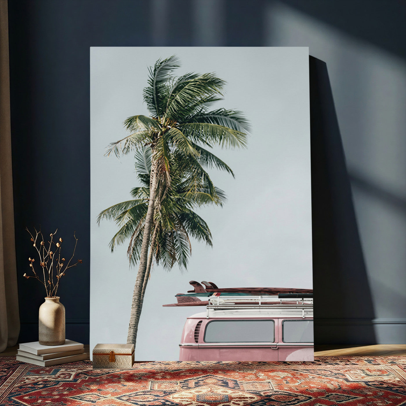 73117797-MGV-CV-24X36 - VW Van Palm Tree Canvas Wall Art, Pink Camper Surfboards Beach Print, Retro Surf Photography Decor, Coastal Boho Wall Art, Surfer Gift Idea