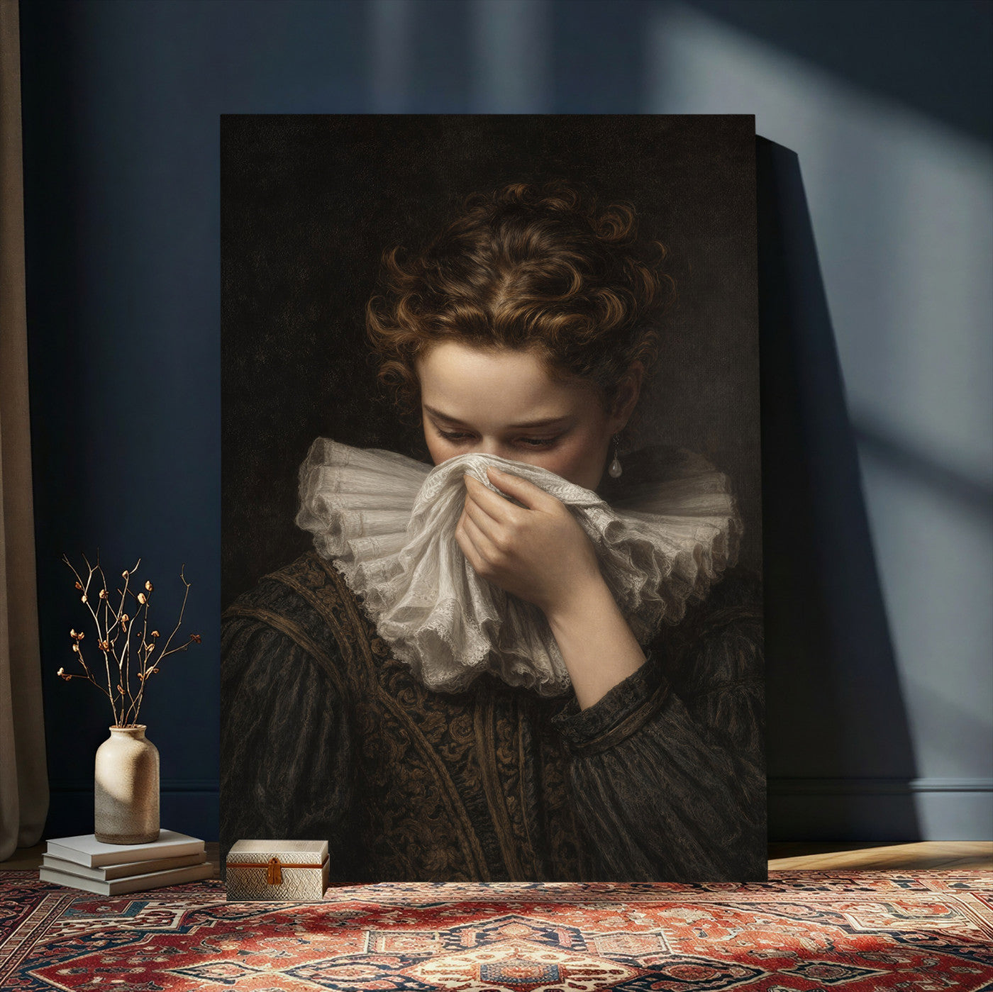 62652430-MGV-CV-24X36 - Baroque Portrait Canvas Wall Art, Flemish Woman with Lace Collar Print for Bathroom Wall Art, Funny Toilet Decor, Renaissance Style Portrait, Moody Vintage Wall Art