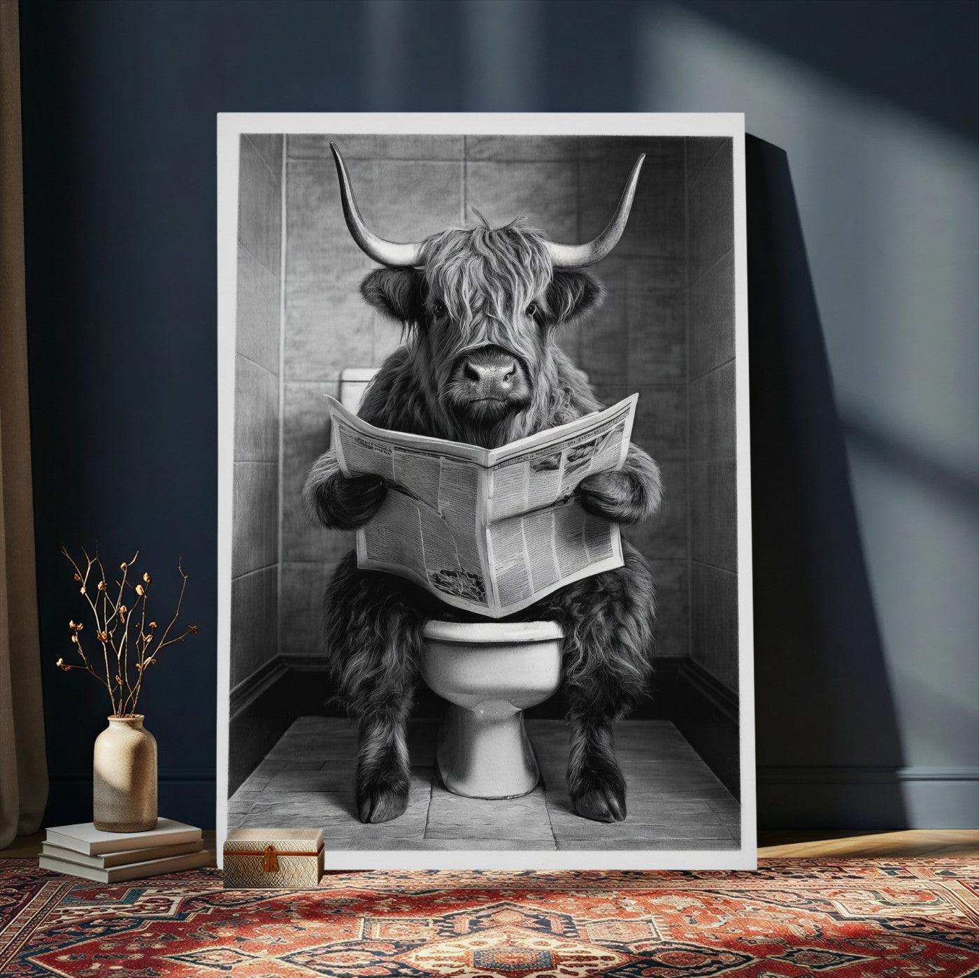 56930218-MGV-CV-24X36 - Funny Bathroom Canvas Wall Art, Texas Longhorn on Toilet Reading Newspaper, Humor Animal Print, Farmhouse Bathroom Decor, Quirky Cow Gift, Toilet Room Art