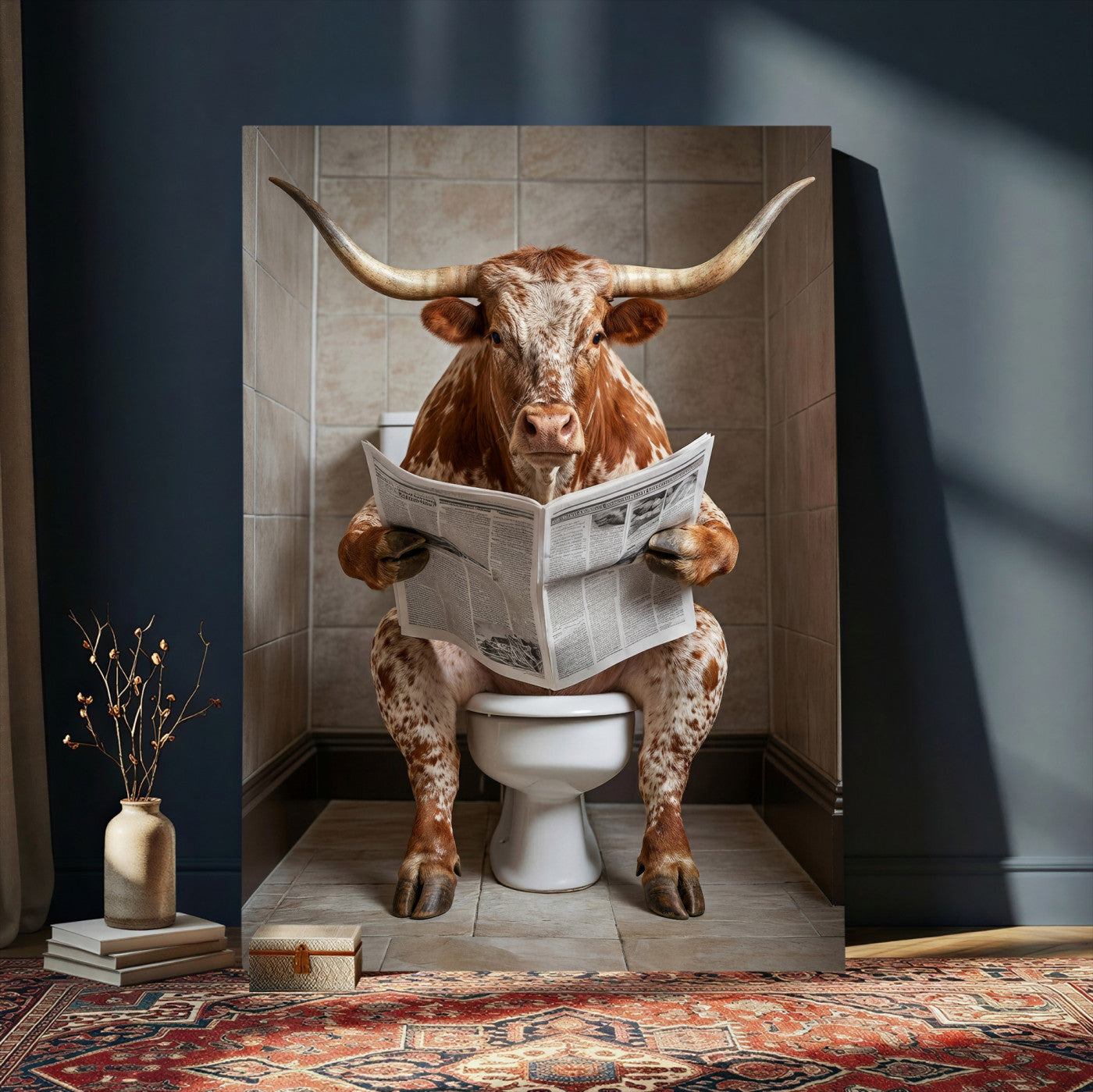 17728527-MGV-CV-24X36 - Funny Bathroom Canvas Wall Art, Texas Longhorn on Toilet Reading Newspaper, Humor Animal Print, Farmhouse Bathroom Decor, Quirky Cow Gift, Toilet Room Art