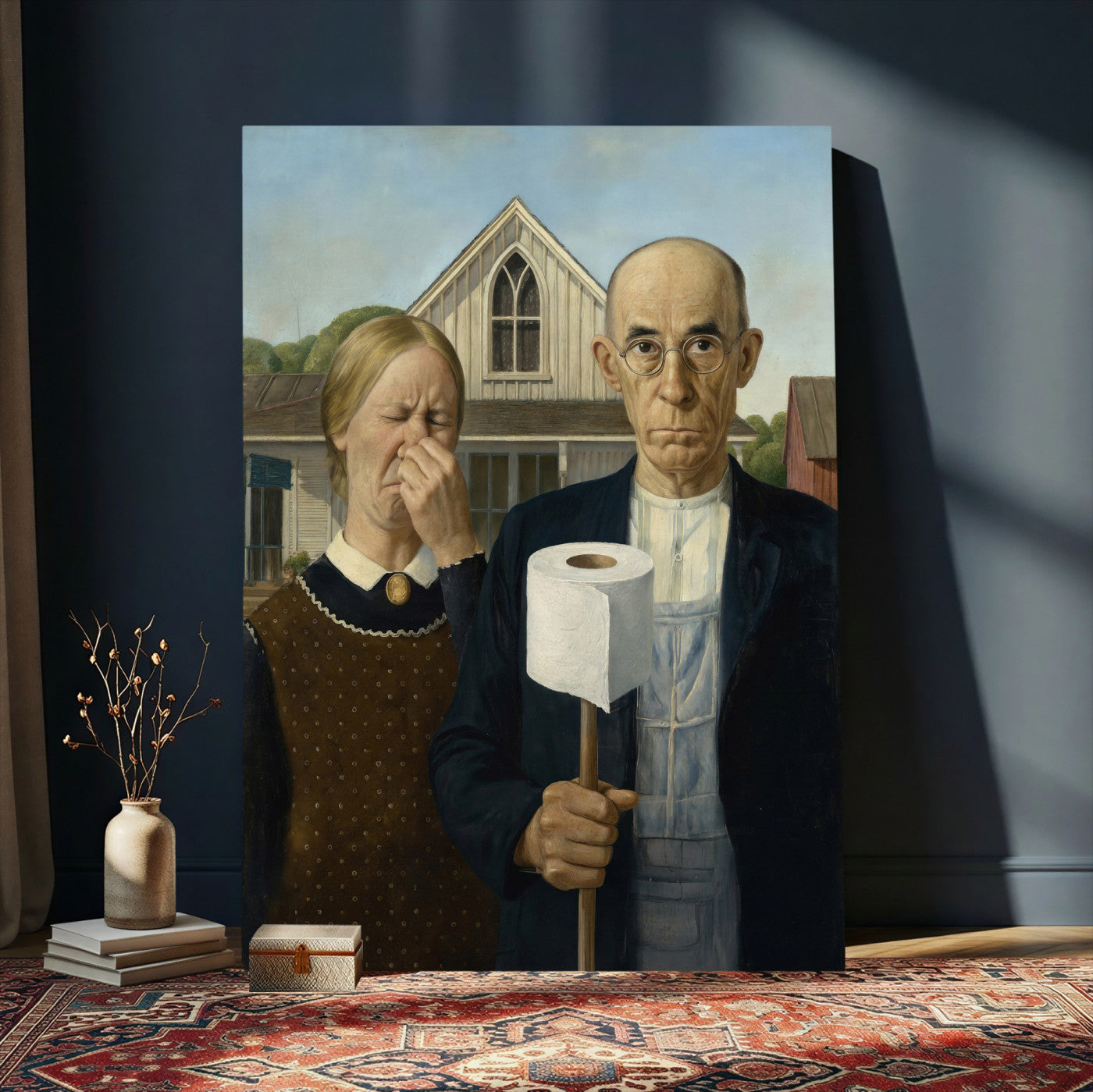 46805085-MGV-CV-24X36 - Funny Bathroom Canvas Wall Art, Grant Wood American Gothic Toilet Paper Parody Print, Humor Bathroom Decor, Classic Art Spoof, Quirky Housewarming Gift