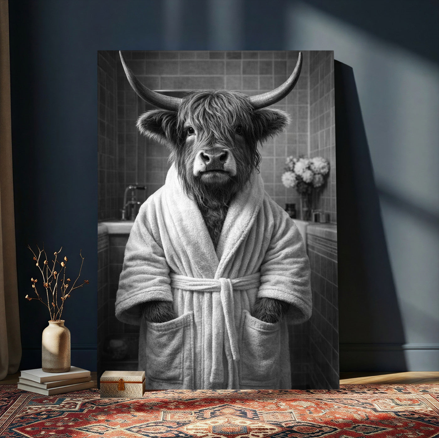 98453723-MGV-CV-24X36 - Funny Bathroom Wall Art Canvas Print, Highland Cow in Bathrobe, Black and White Humor Decor, Animal Bathroom Print, Farmhouse Bathroom Art