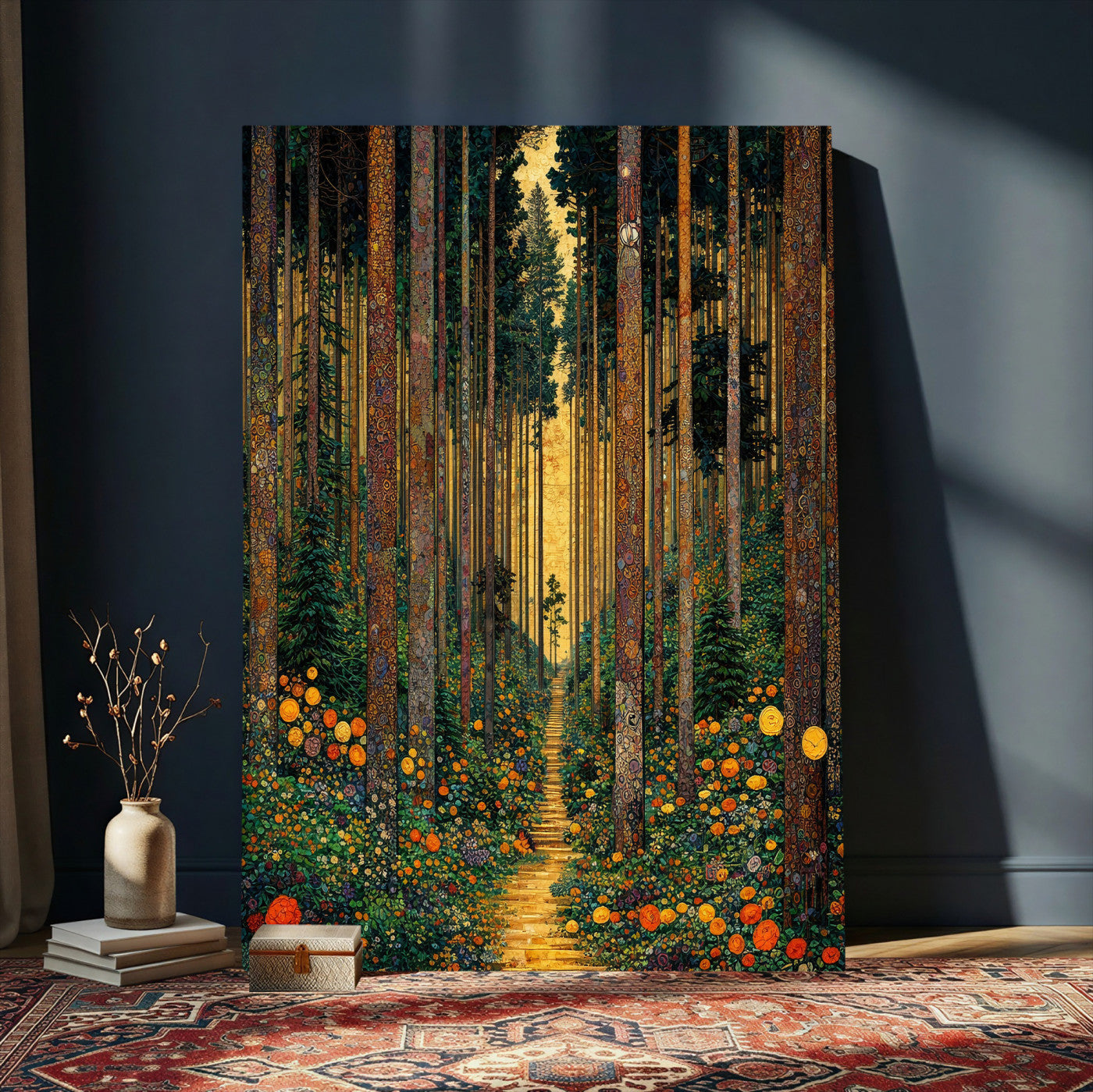 14391546-MGV-CV-24X36 - Gustav Klimt Style Forest Canvas Wall Art, Golden Forest Path Floral Art Nouveau Print, Enchanted Woodland Decor, Maximalist Colorful Nature Art
