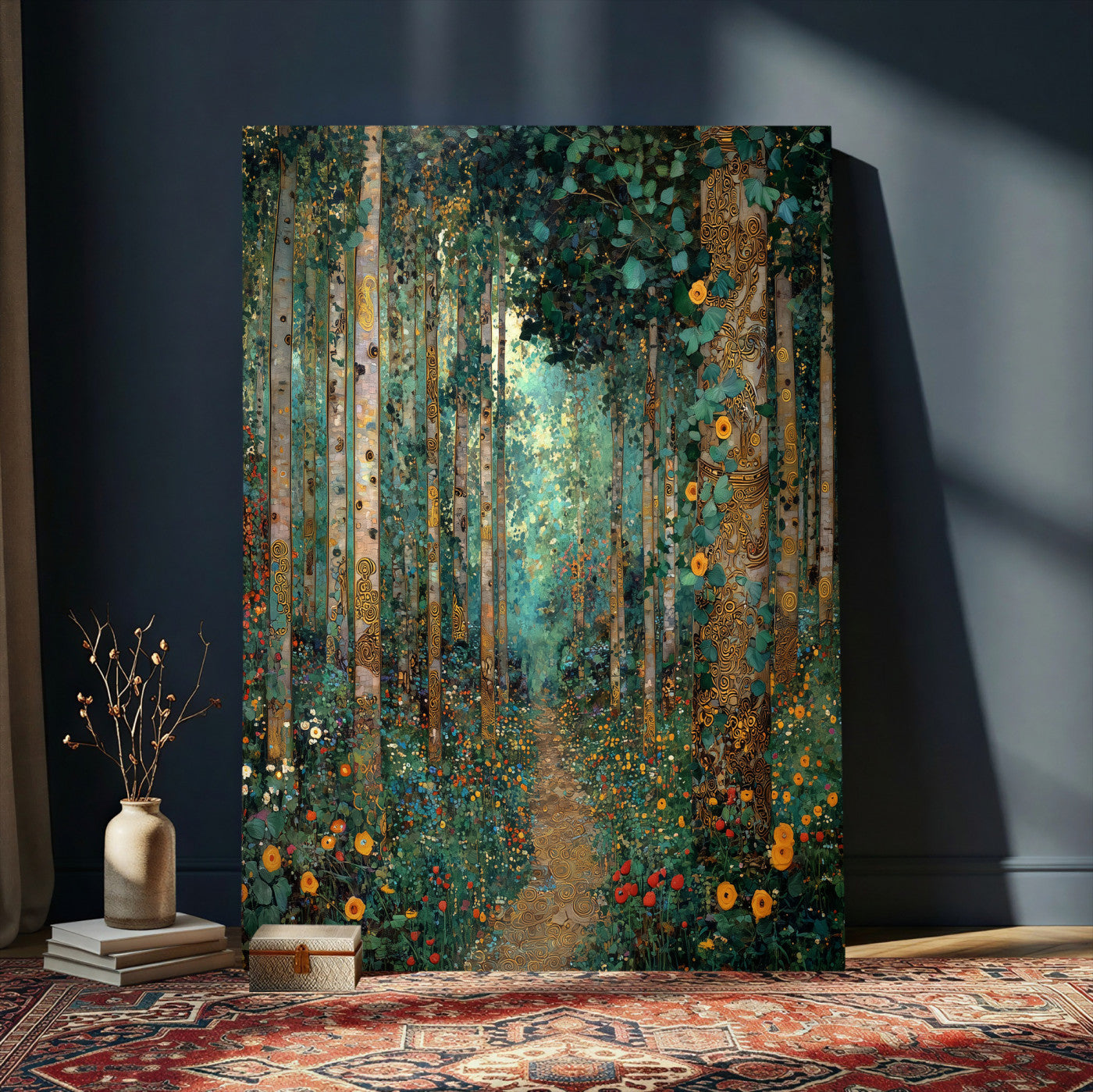 76587981-MGV-CV-24X36 - Gustav Klimt Style Forest Canvas Wall Art, Golden Forest Path Floral Art Nouveau Print, Enchanted Woodland Decor, Maximalist Colorful Nature Art