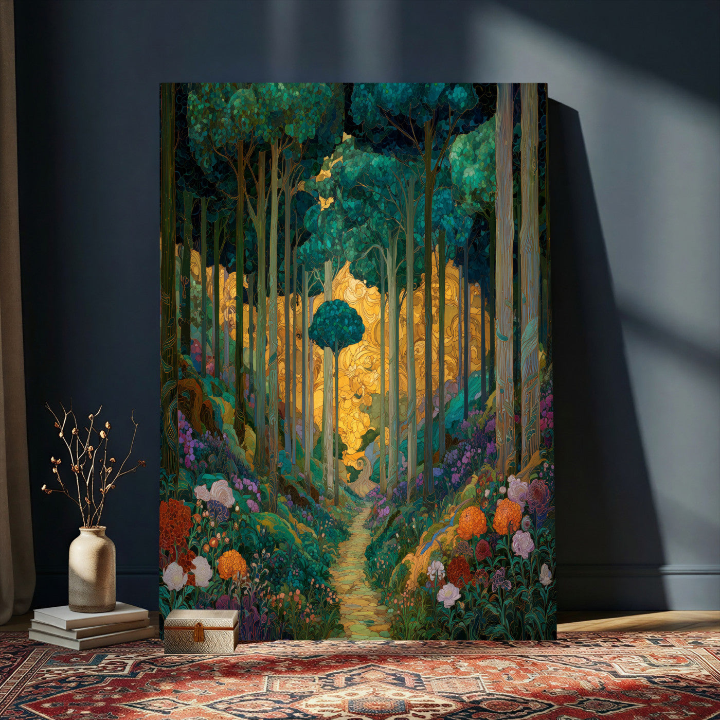 70159913-MGV-CV-24X36 - Gustav Klimt Style Forest Canvas Wall Art, Golden Forest Path Floral Art Nouveau Print, Enchanted Woodland Decor, Maximalist Colorful Nature Art