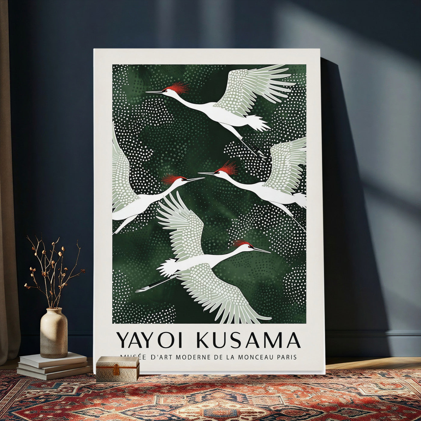 63036906-MGV-CV-24X36 - Yayoi Kusama Crane Bird Wall Art Canvas Print, Japanese Inspired Flying Heron Framed Artwork, Green Botanical Nature Decor for Living Room Bedroom Office