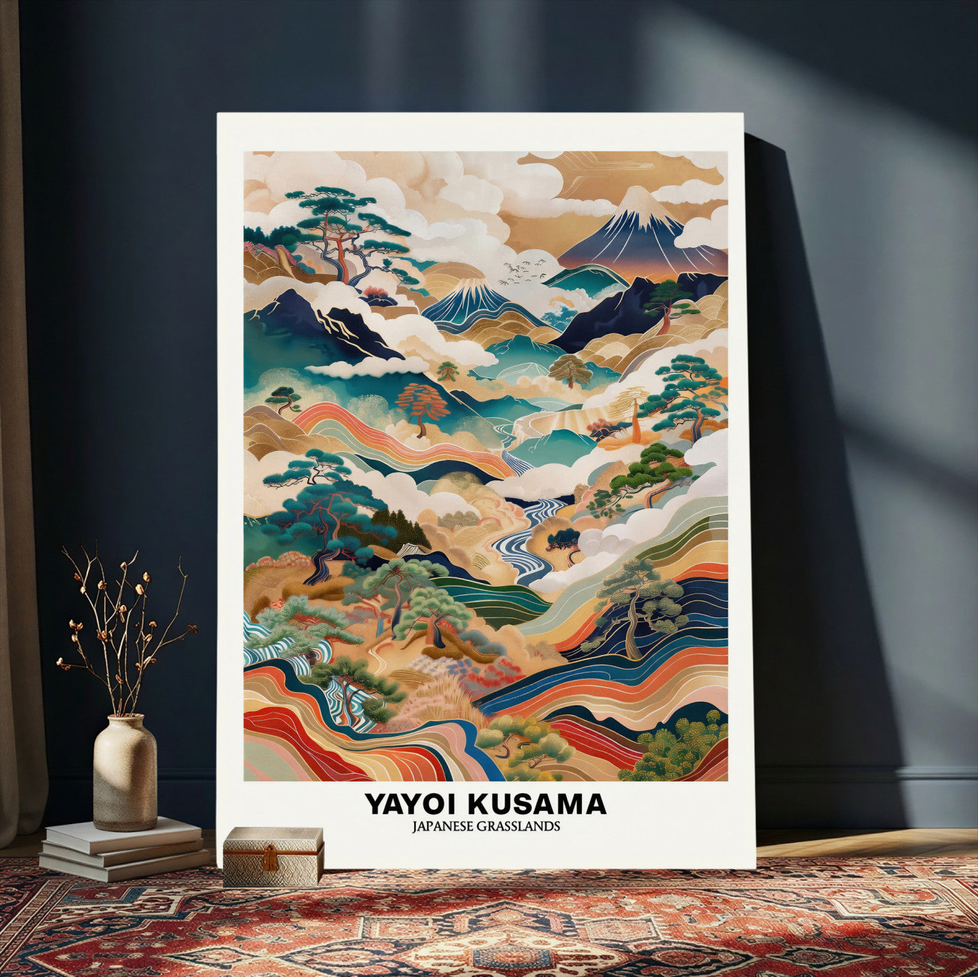 71553303-MGV-CV-24X36 - Yayoi Kusama Japanese Landscape Wall Art Canvas Print, Colorful Mountain and River Framed Artwork, Nature Inspired Asian Scenic Decor for Living Room Bedroom Office