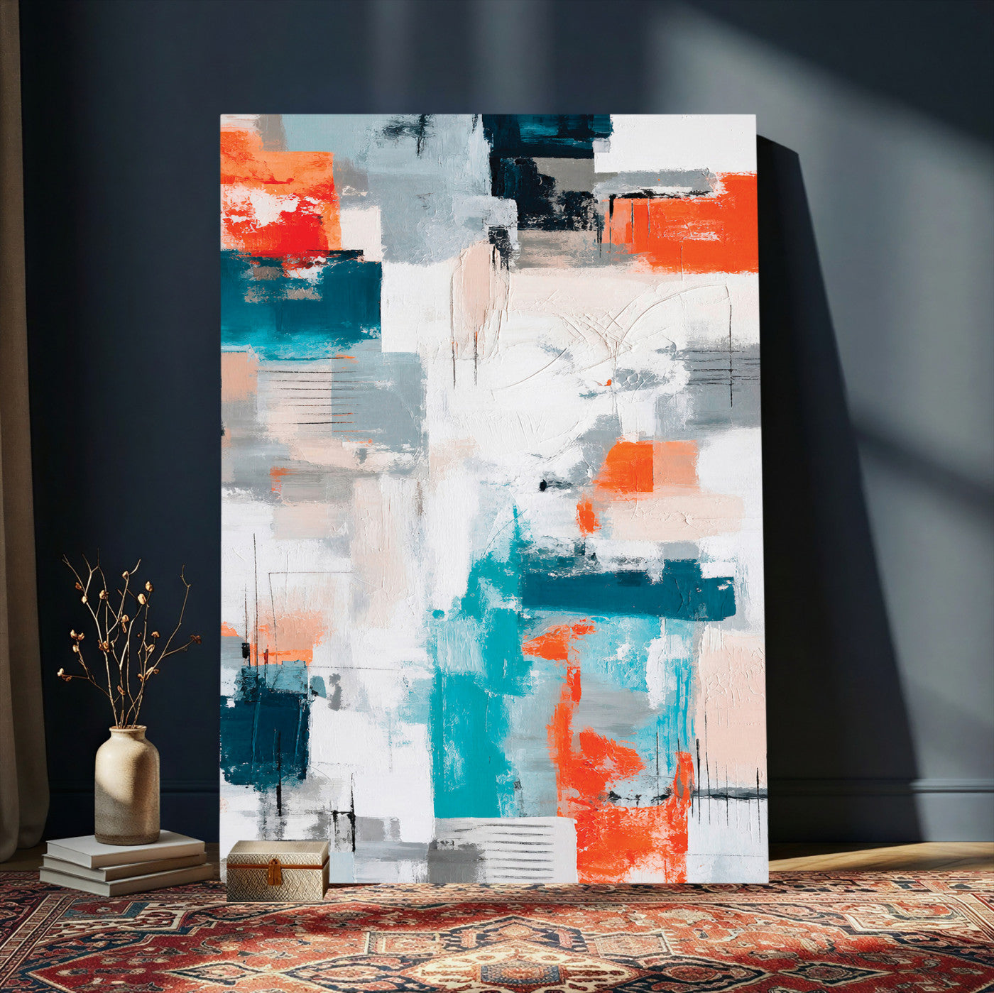 39825760-MGV-CV-24X36 - Blue Teal Abstract Canvas Wall Art - Modern Textured Painting Print, Navy Orange White Contemporary Art, Neutral Living Room Decor, Office Art